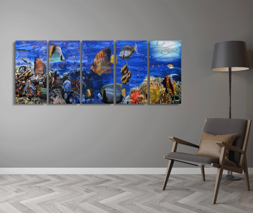 Yihui Arts Handcrafted 3D Metal Wall Art - Ocean Wave Sculpture, 5 - Panel Aluminum Decor for Living Room, Bedroom & Office