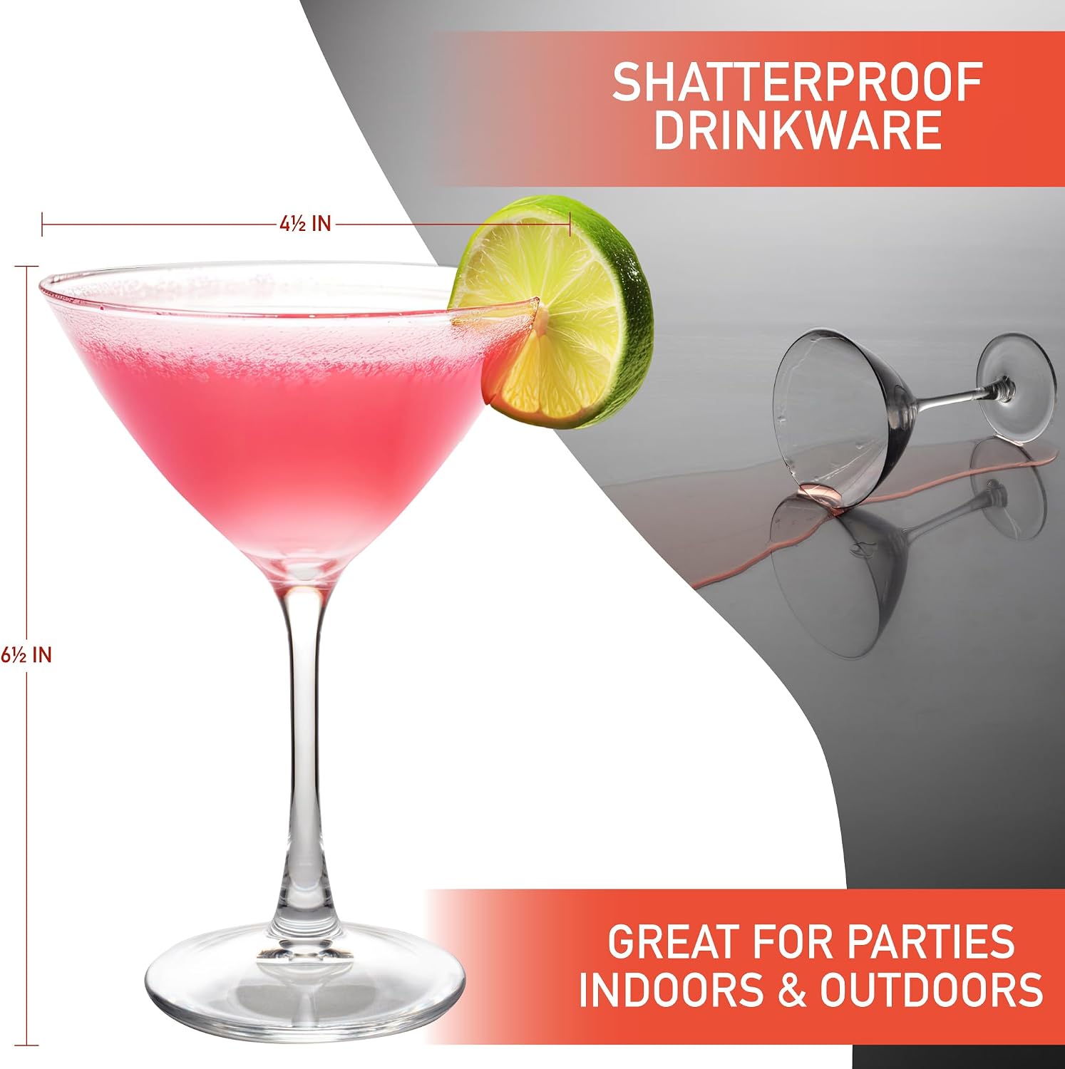 D'Eco 100% Tritan 9 oz Martini Glasses, Shatterproof Glassware, 8 Pack | Reusable