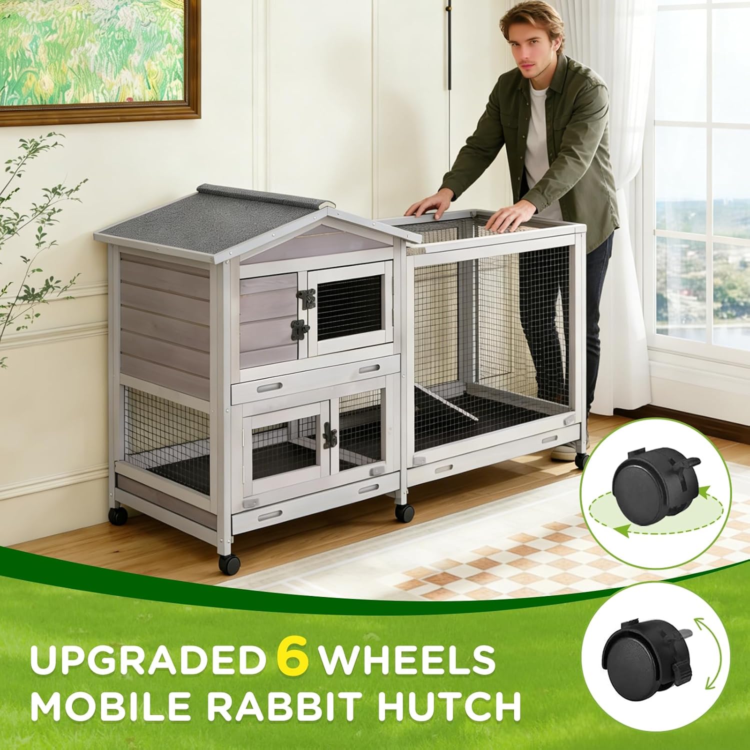 Indoor Rabbit Bunny Hutch Outdoor, Guinea Pig Cages with Removable Bottom Wire Netting - Easy Clean