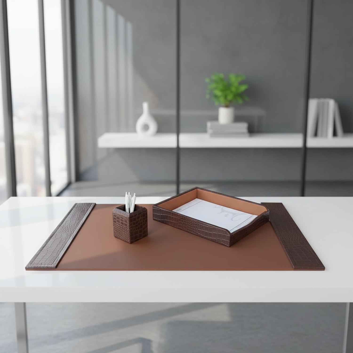 Dacasso Brown Crocodile Embossed Leather Desk Set, 3-Piece