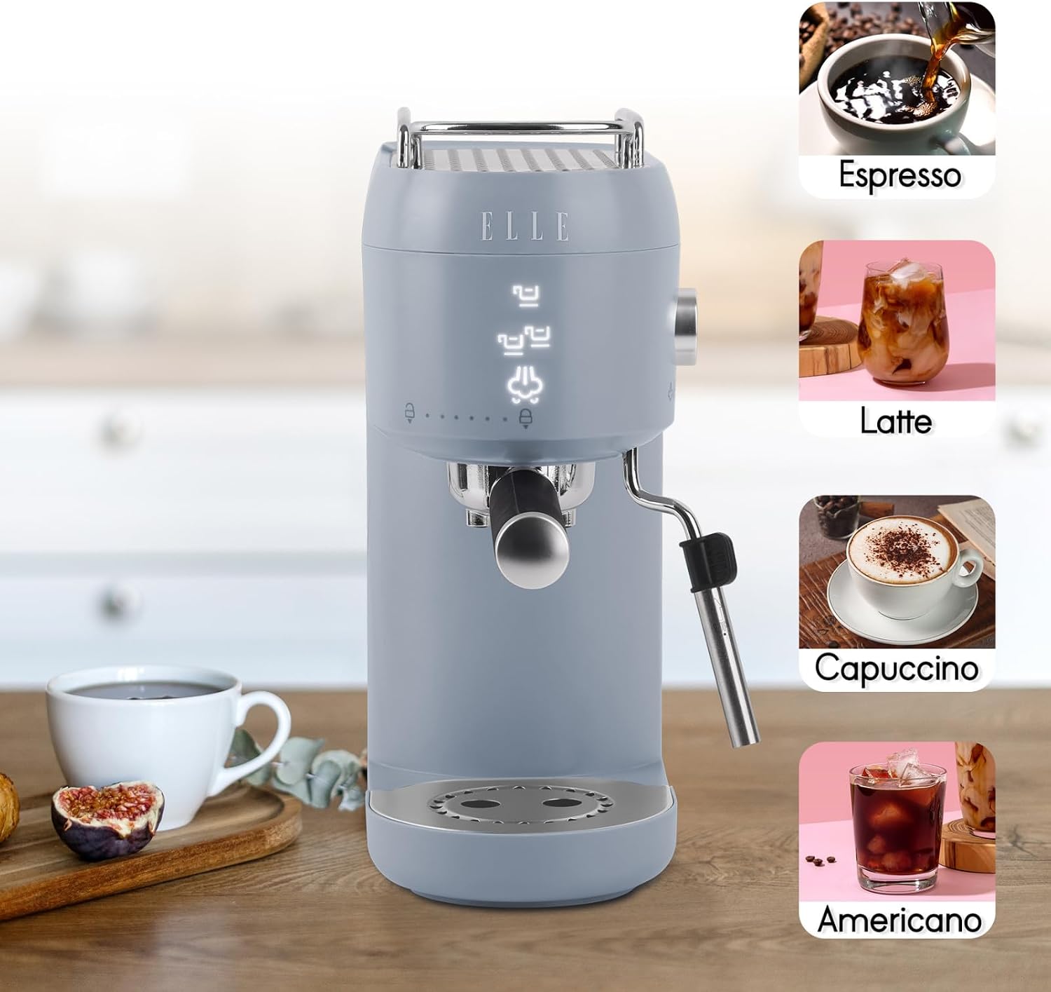 ELLE 1L Espresso Maker Latte and Cappuccino Maker with 20 Bar Pump Pressure and Illuminated Touch Button with Milk Frothing System and Cup Warmer 1400W White