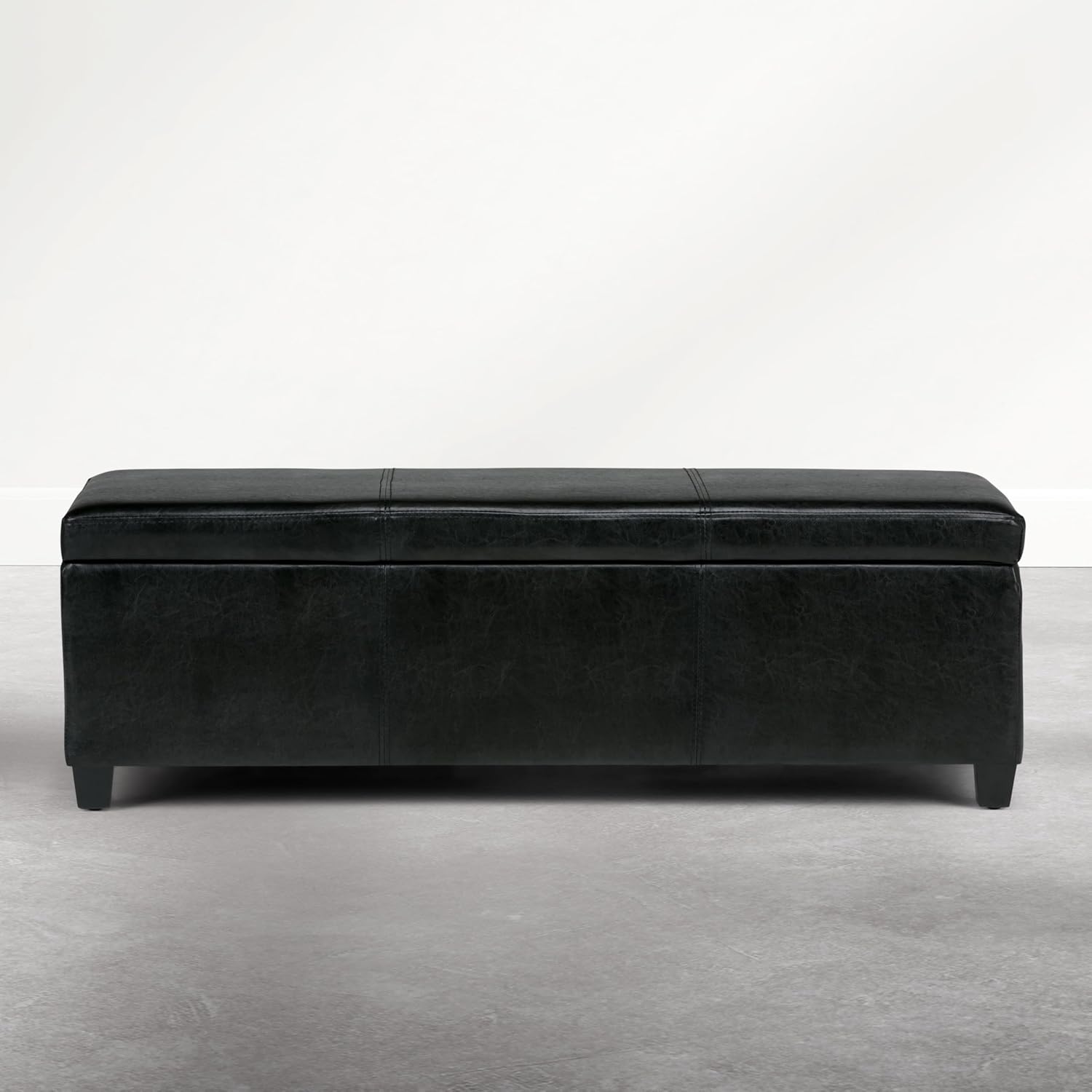 SIMPLIHOME Avalon 48" Wide Vegan Leather Storage Ottoman in Brown