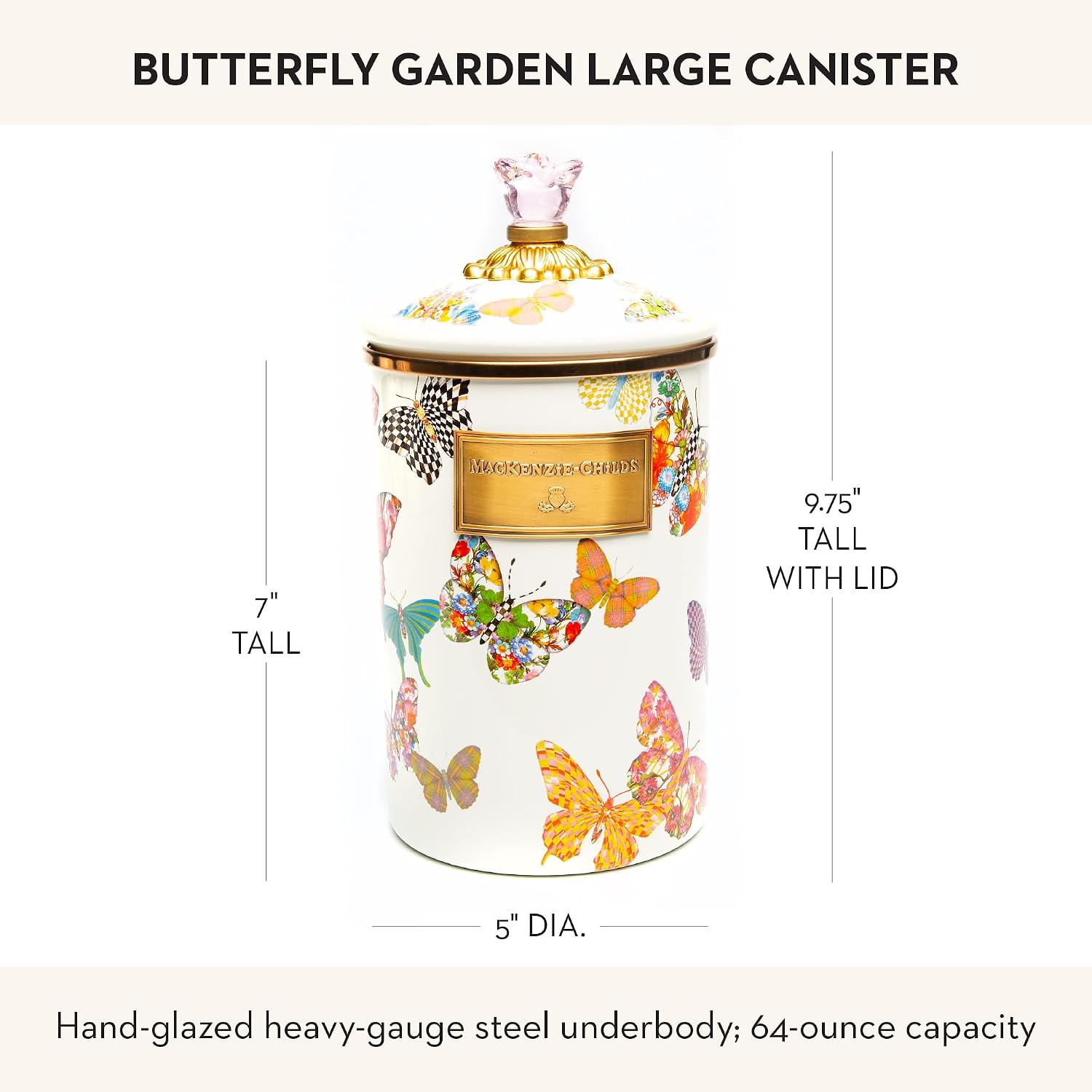 MACKENZIE-CHILDS Enamel Canister, Large, White Butterfly Garden | Hand-applied design, made from enameled steel, versatile kitchen storage container for flour and sugar, 64-ounce capacity