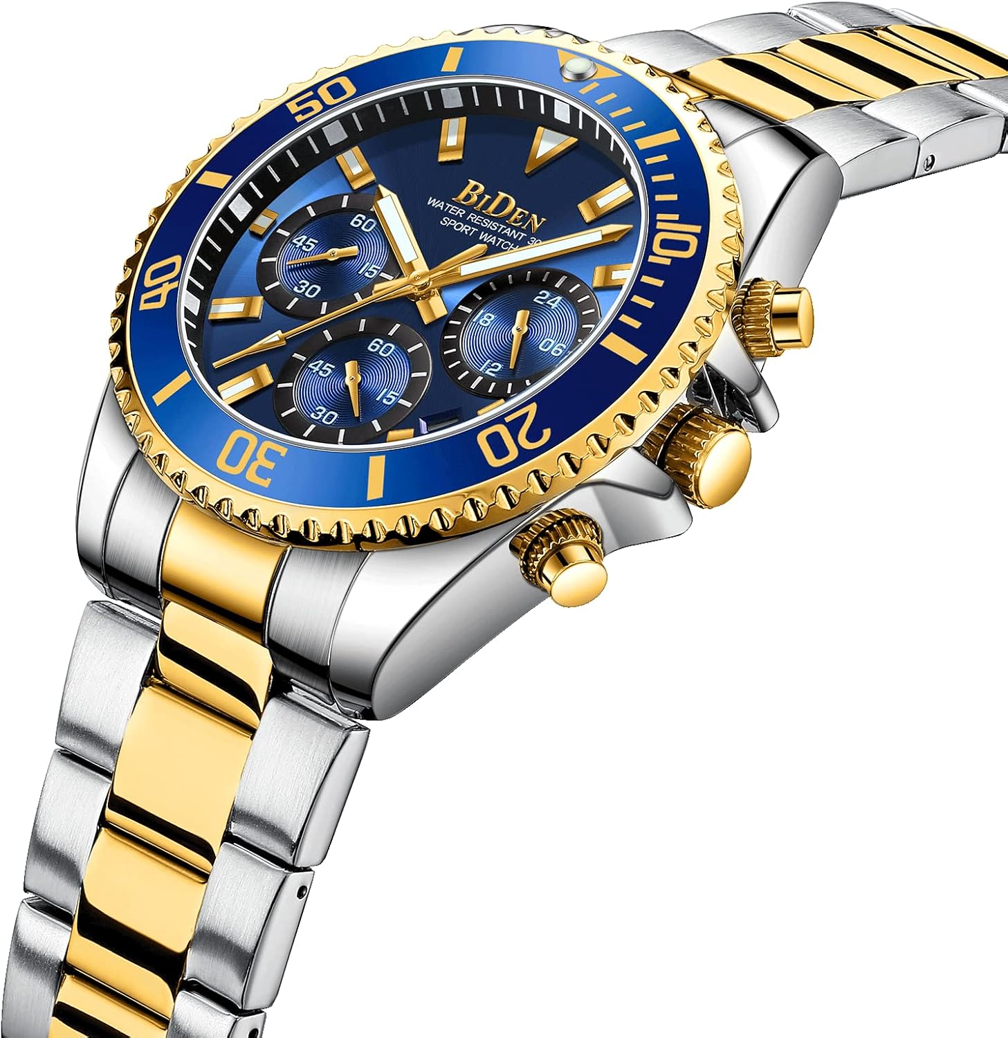 BIDEN Mens Watches Chronograph Gold Blue Stainless Steel Waterproof Date Analog Quartz Watch Business Casual Fashion Wrist Watches for Men