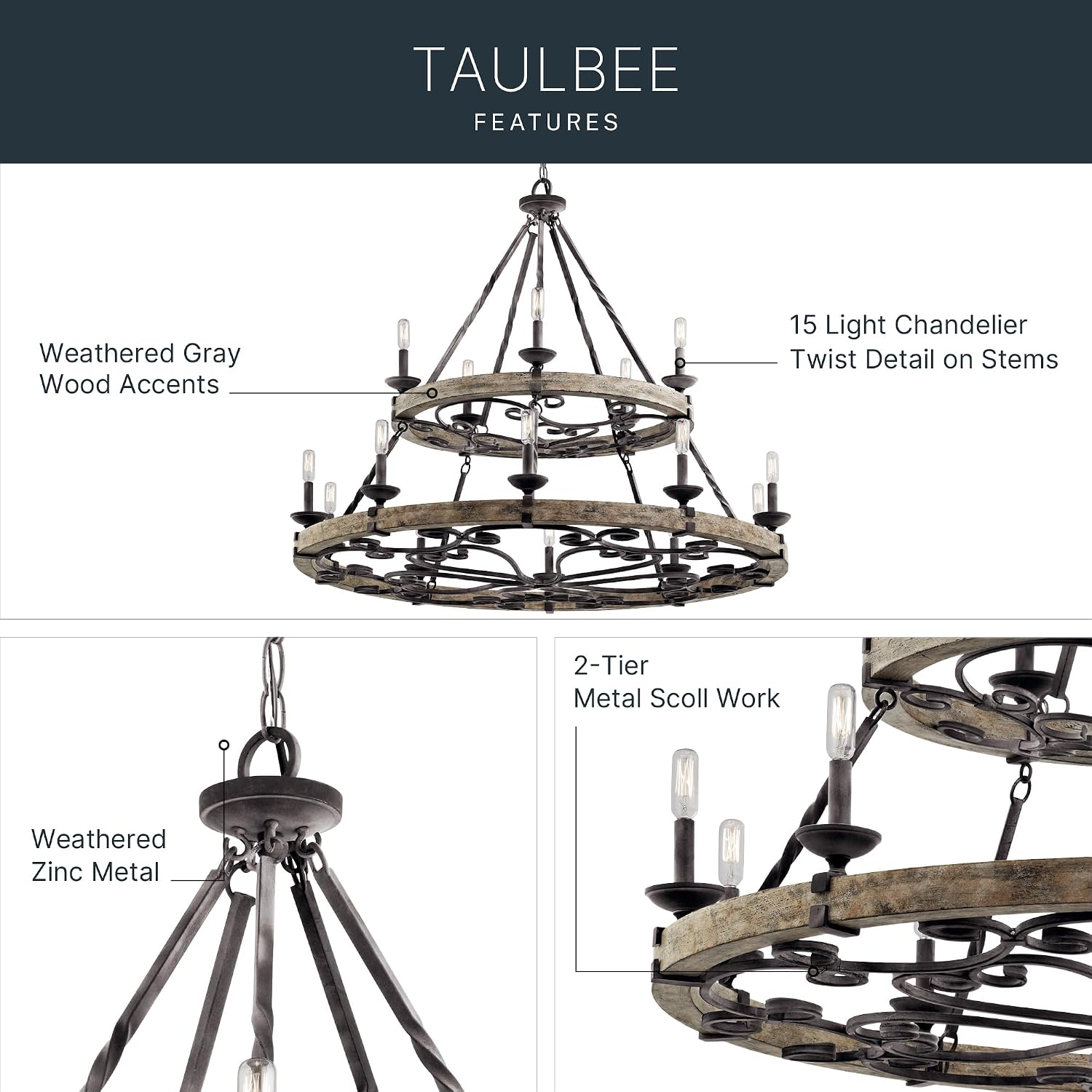 Kichler Taulbee 15-Light 2-Tier Chandelier, Weathered Zinc | Two-tier chandelier with weathered gray wood accents (44" x 38.75"), 43826WZC