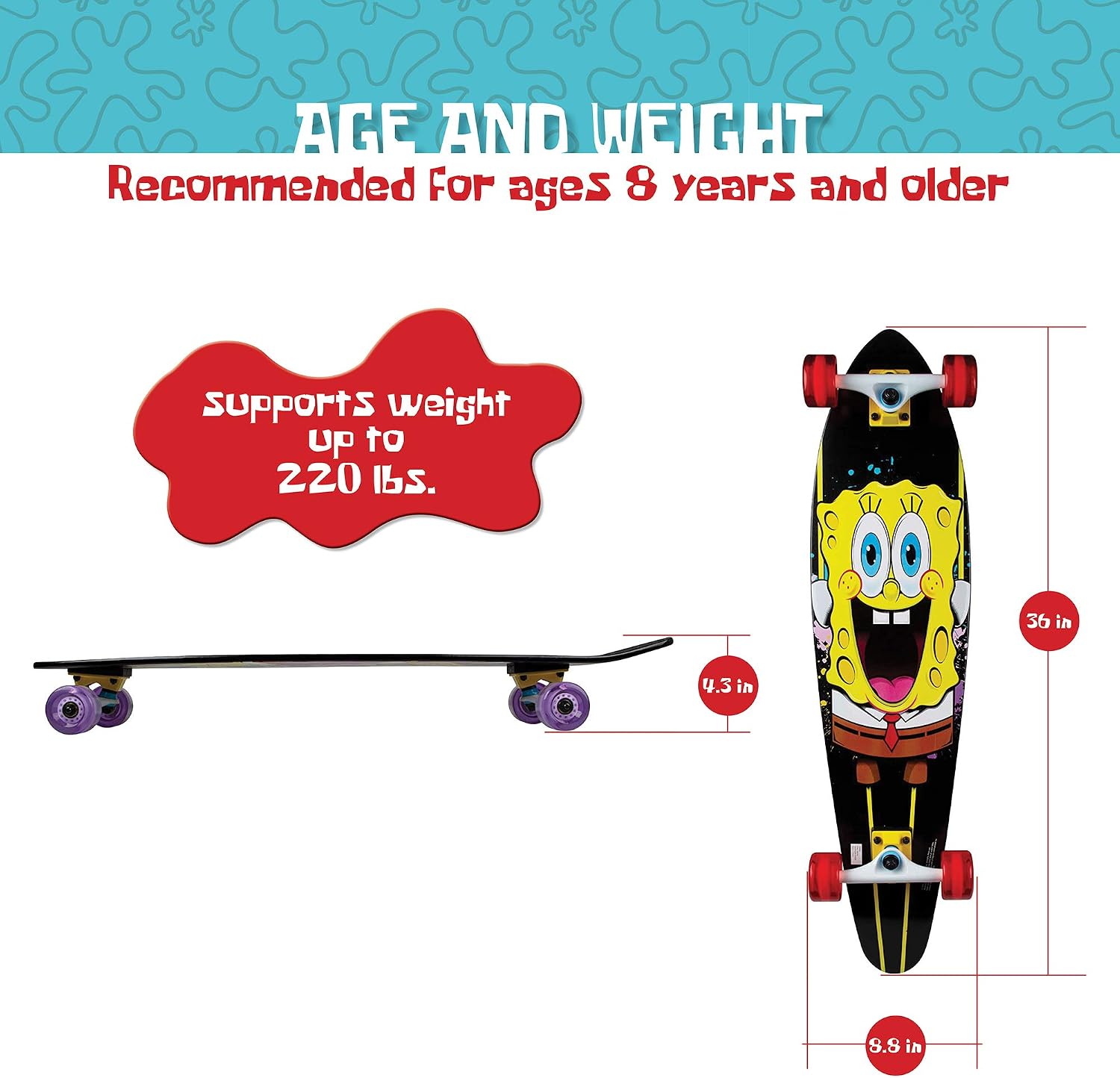 Kryptonics Spongebob 36" Longboard Skateboard – Durable Maple Deck, Smooth PU Wheels, Great for Kids, Teens & Beginners.
