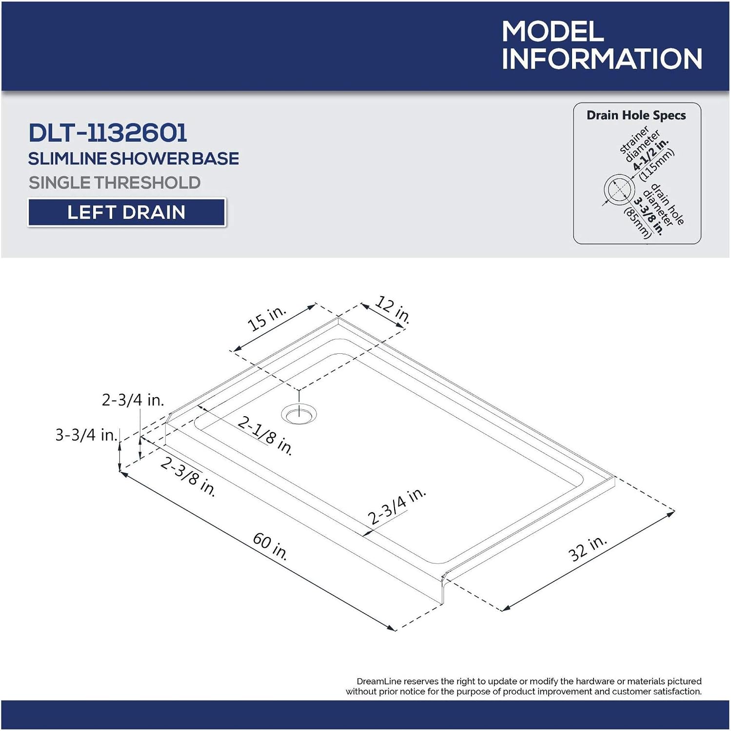 DreamLine 32 in. D x 60 in. W x 76 3/4 in. H Left Drain Acrylic Shower Base and QWALL-5 Backwall Kit In White, DL-6190L-01