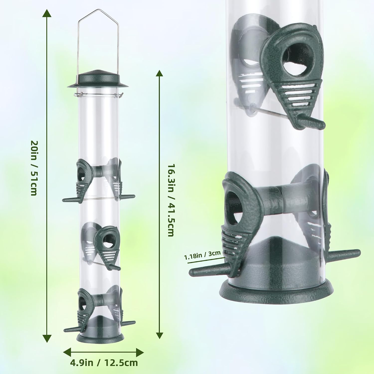 MIXXIDEA 1PK Metal Bird Feeders with 6 Feeding Ports, Tube Bird Feeder with Steel Hanger, Hard Plastic Wild Bird Feeder for Outdoors Hanging