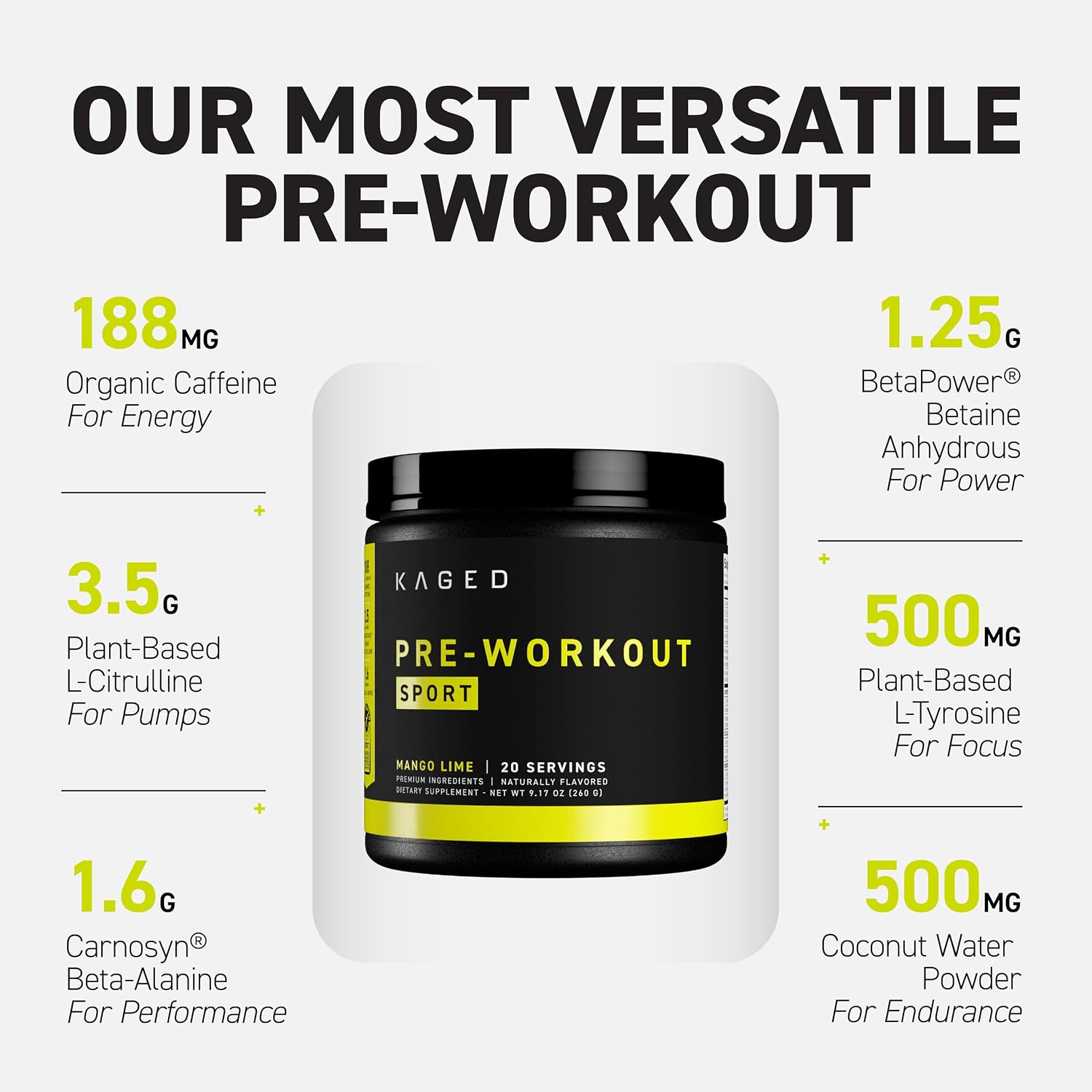 Kaged Sport Pre Workout Powder for Men & Women, Mango Lime, Sport Certified, 188mg Caffeine, Nitric Oxide Supplement, Beta Alanine for Energy