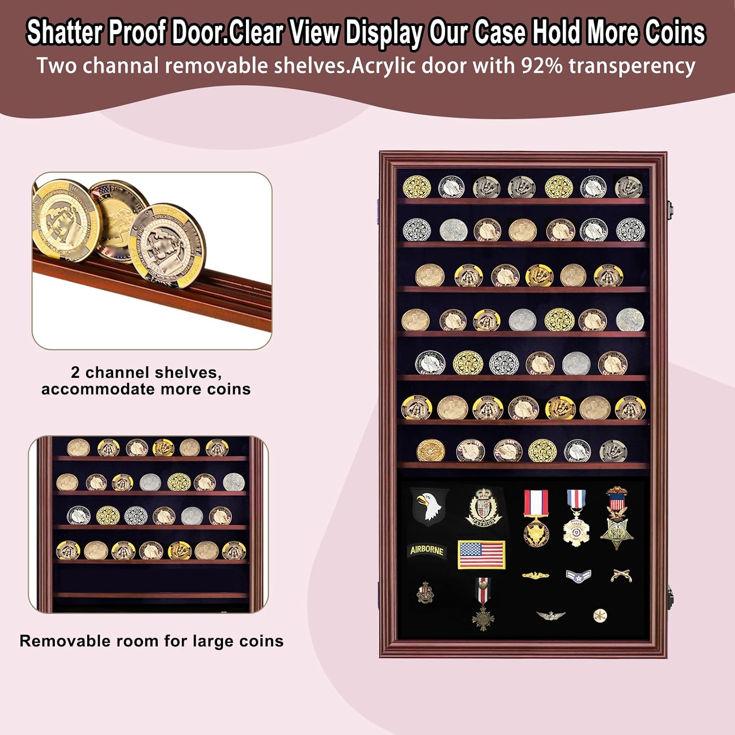 Jinchuan Military Challenge Coin Display Case Lockable Cabinet Rack Holder Shadow Box with Removable 2 Grooves Shelves and Anti Dust Door for Casino