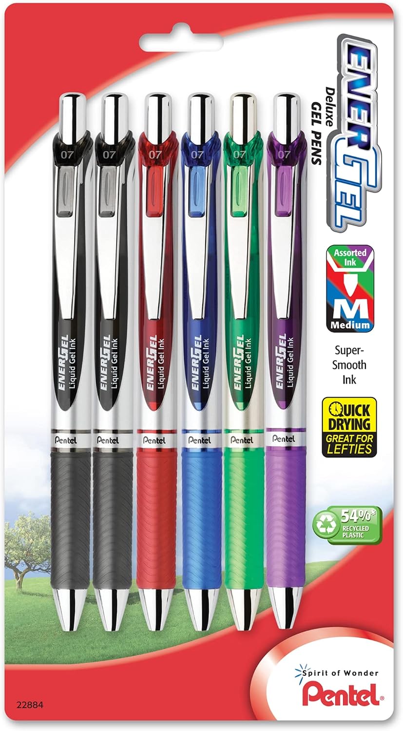 Pentel EnerGel RTX Retractable Liquid Gel Pen, (0.7mm), Medium Line, Metal Tip, Black Ink, Pack of 6 (BL77BP6A)