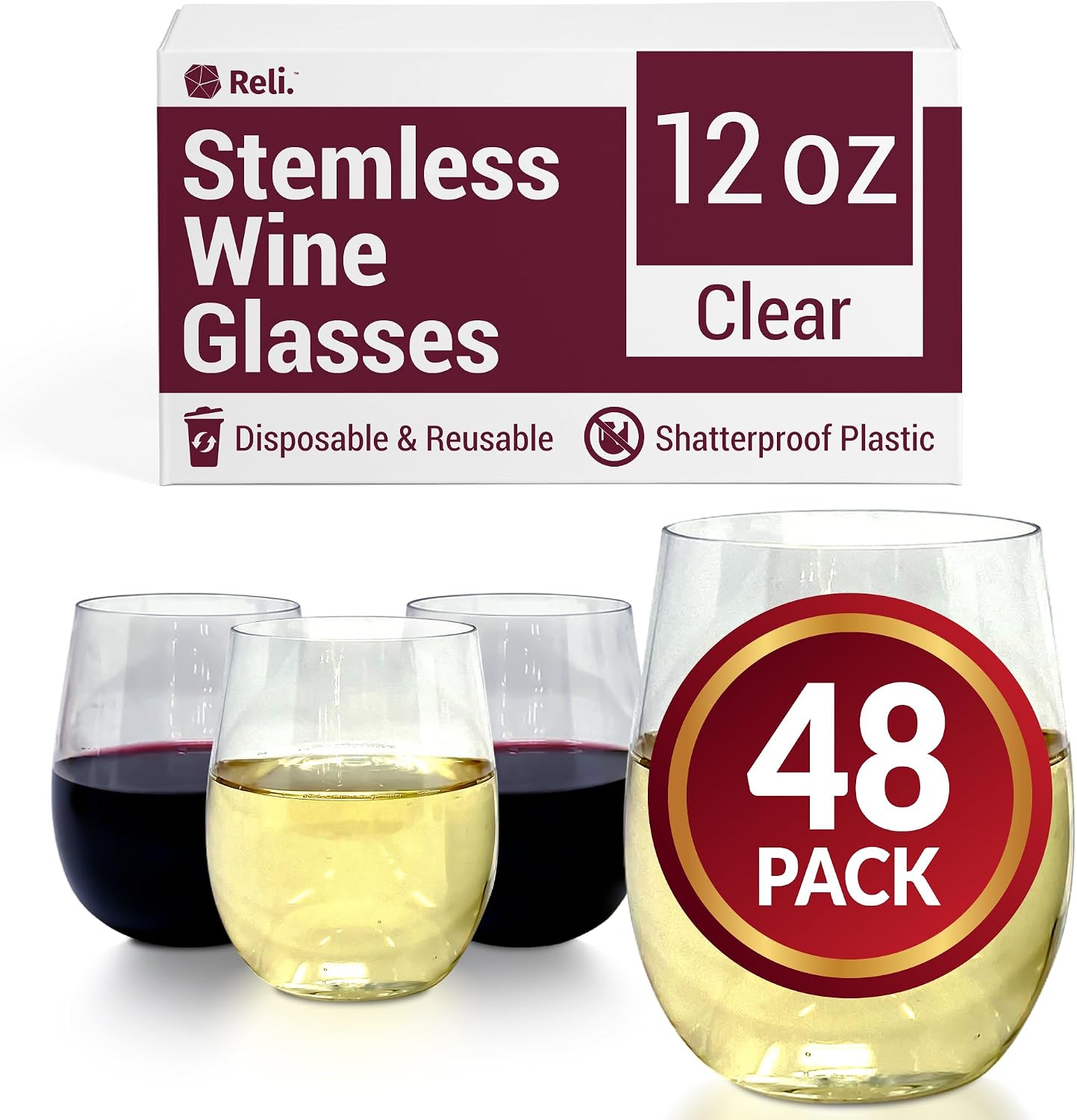 Reli. Disposable Wine Glasses (48 Pack, 12oz) | Clear | Stemless, Shatterproof | Plastic Stemless Wine Glasses Disposable | Parties, Cocktails
