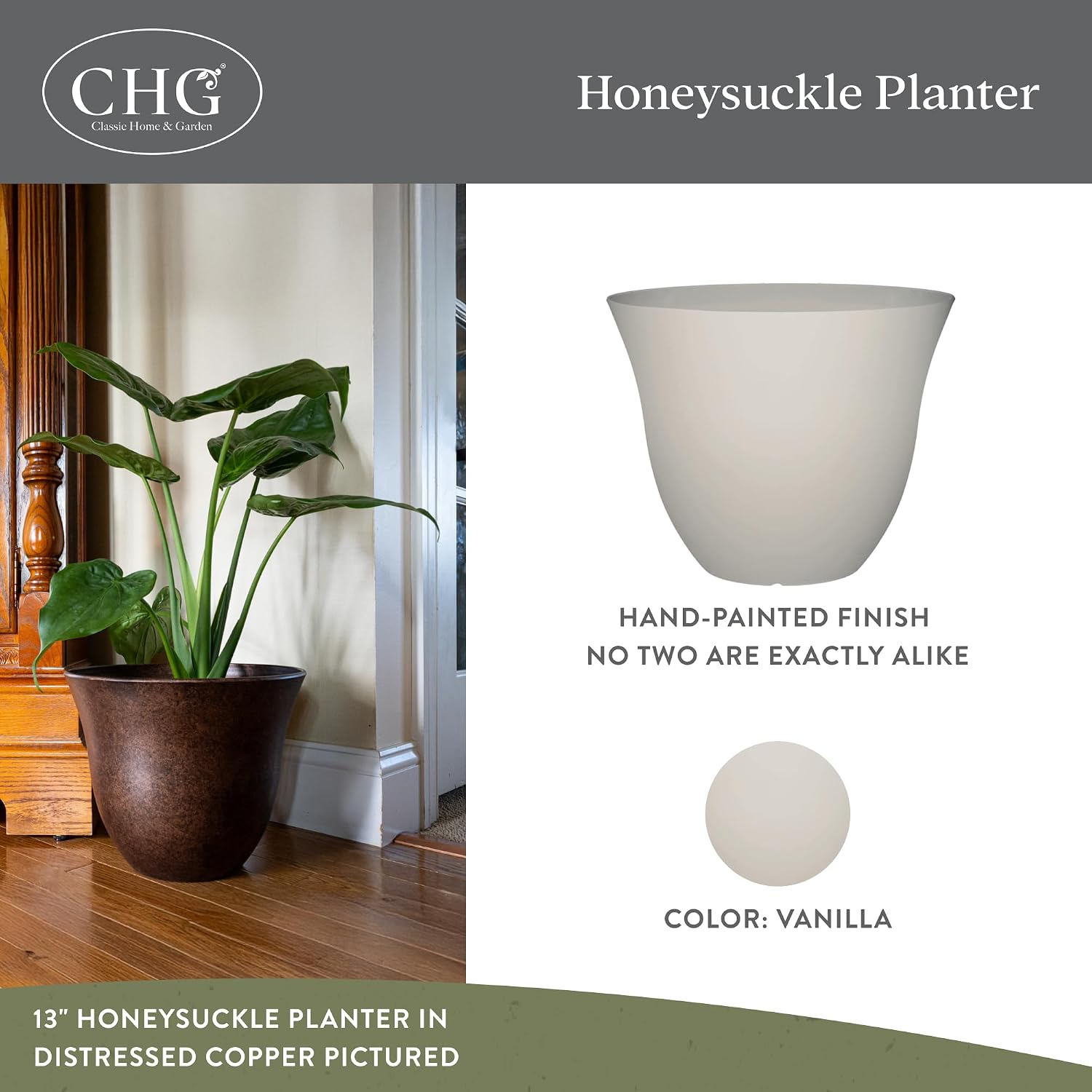 Honeysuckle Resin Planter, Durable Garden Pot, 13" Vanilla White | Hand-Painted Finish Plant Pots, Lightweight Indoor Outdoor Planter, UV-Resistant