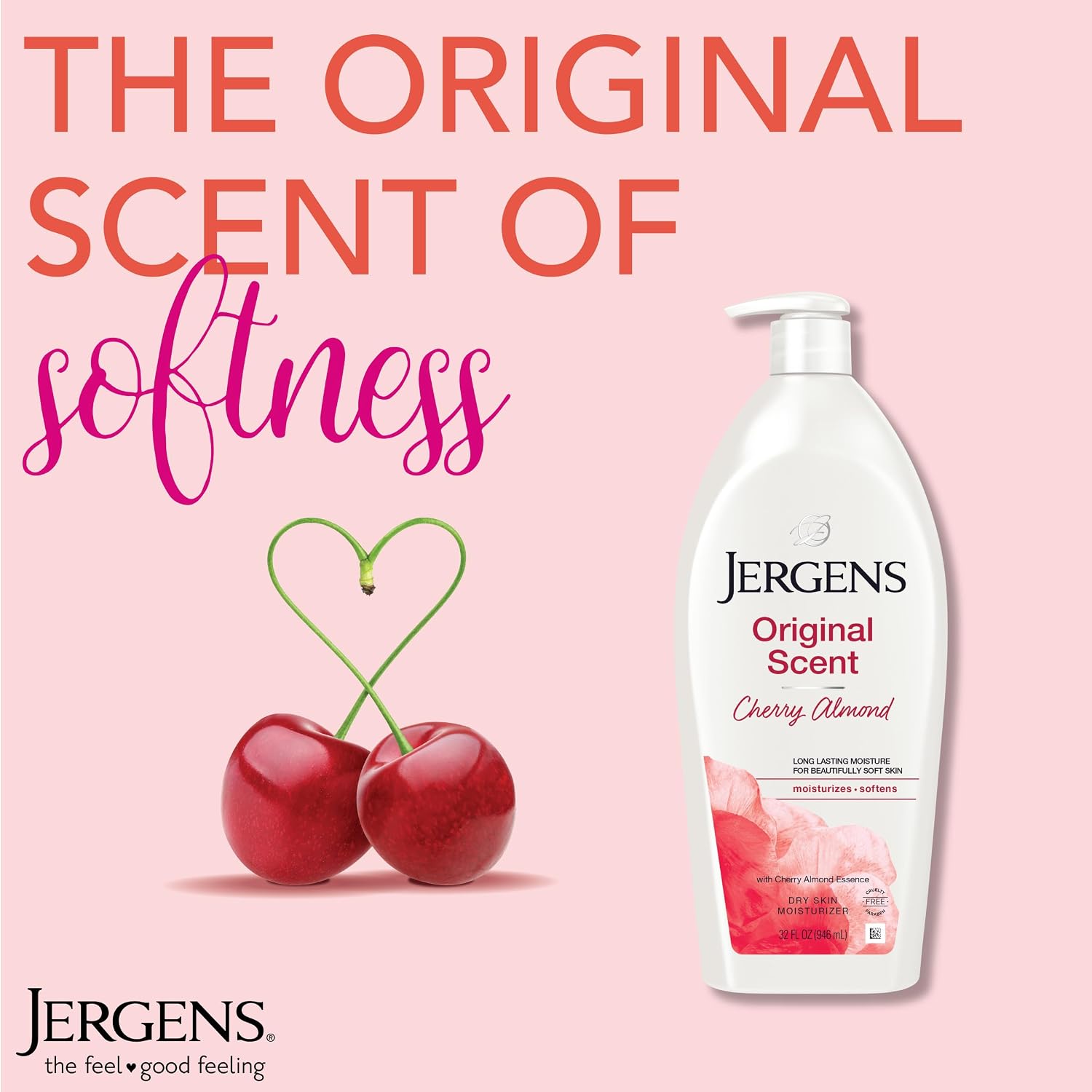 Jergens Cherry Almond Hand & Body Lotion, Dry Skin, 32 fl oz | Fast-Absorbing Moisturizer, Vitamins E, C & B5, Softens Dry Skin, Dermatologist Tested, Cherry Almond Scent