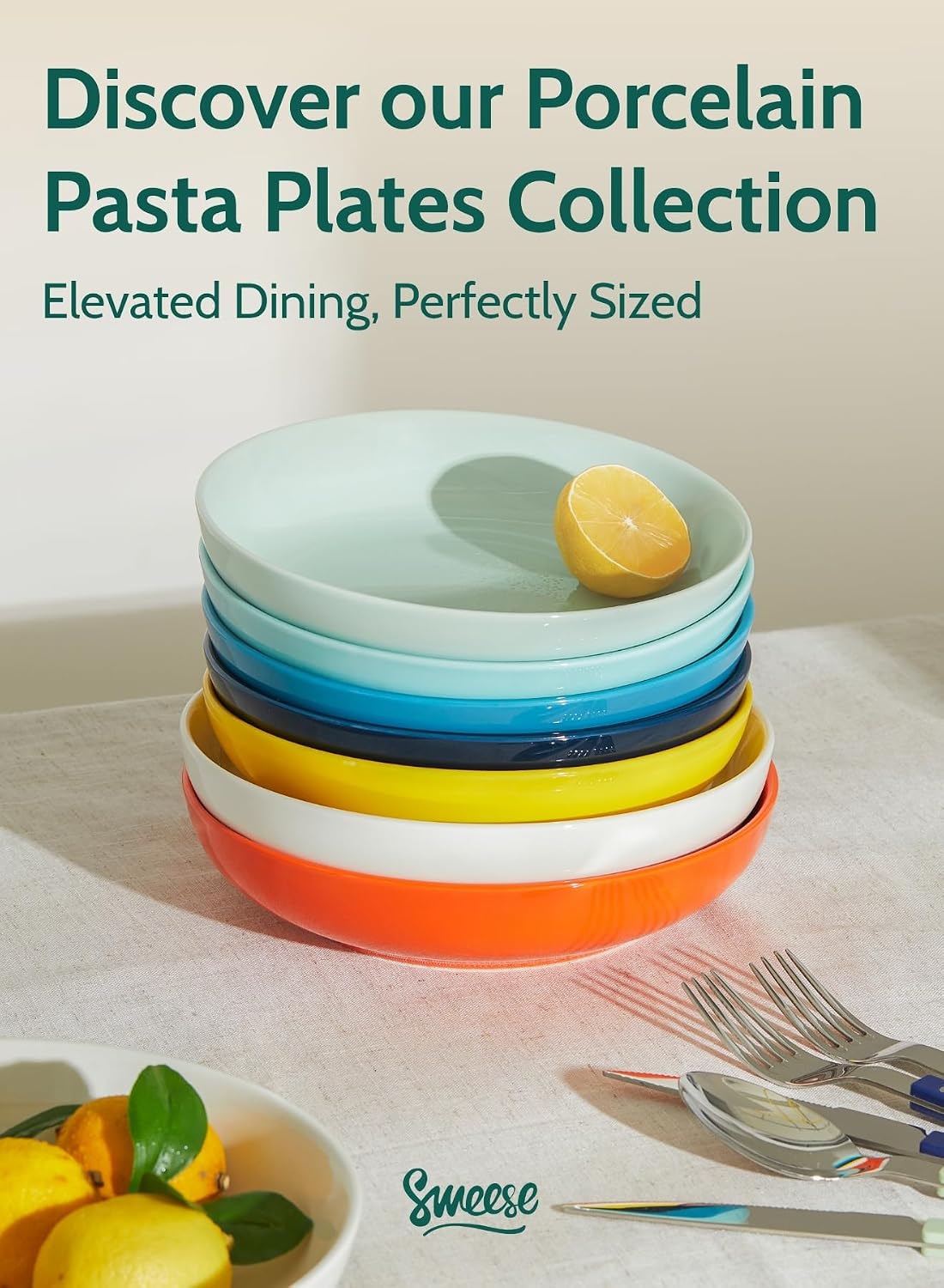 Sweese 22oz Porcelain Pasta Bowls Set of 6-7.6 Inch White Salad Serving Plates, Microwave Dishwasher Safe Dinnerware
