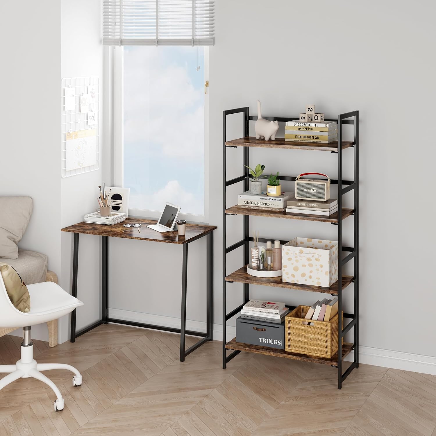 Vintage Multifunctional Folding Bookshelf, No-Assembly Plant Stand Storage Rack Shelves for Home Office (Fire, 5-Tier)