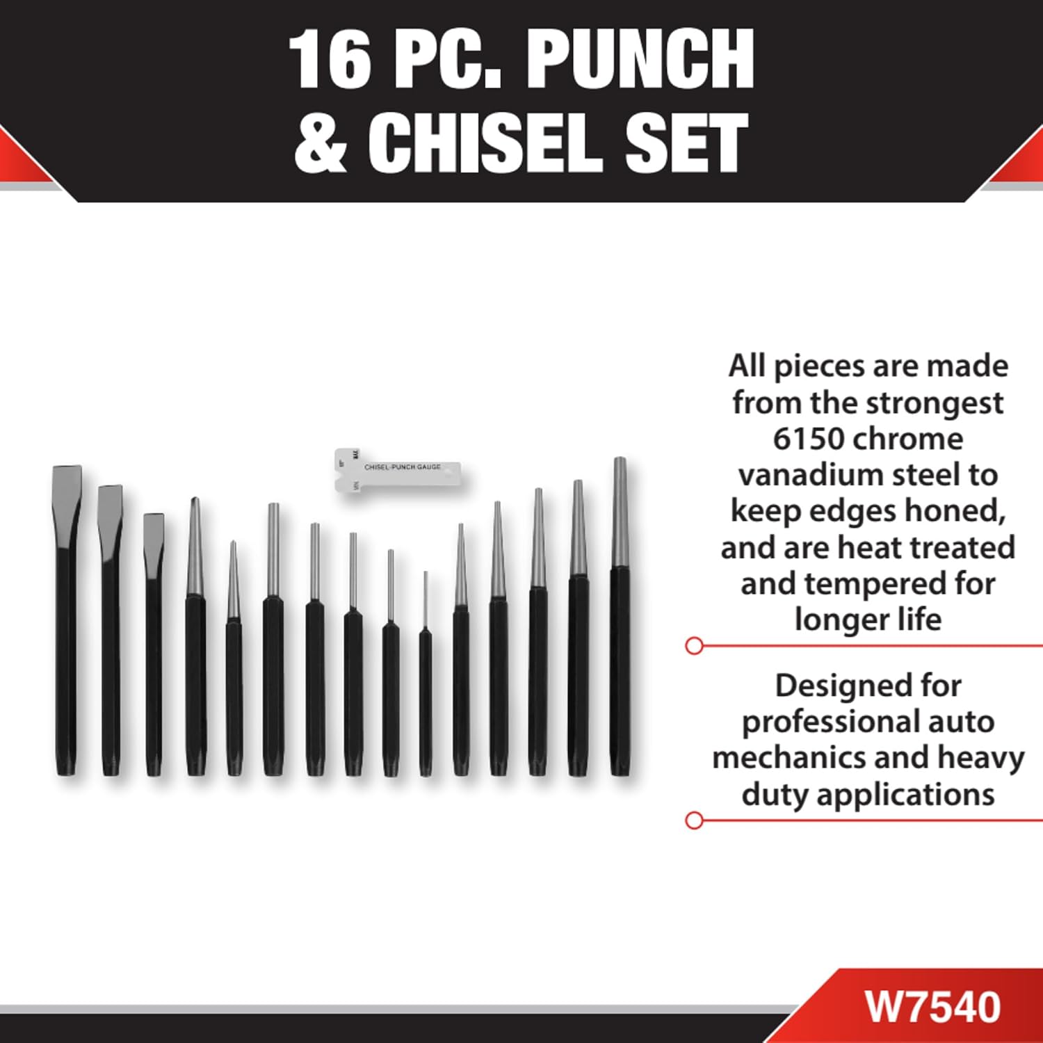 Performance Tool W758 5-Piece 8 in. Long Pin Punch Set | Carbon steel construction with hardened tips. Knurled handles for sure grip. Reaches deeply set pins