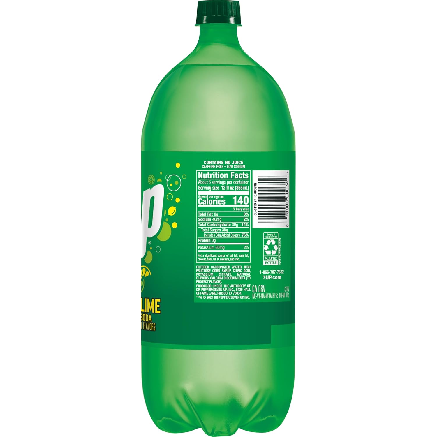 7UP Lemon Lime Soda, Naturally Flavored and Caffeine Free, 2 Liter Bottle
