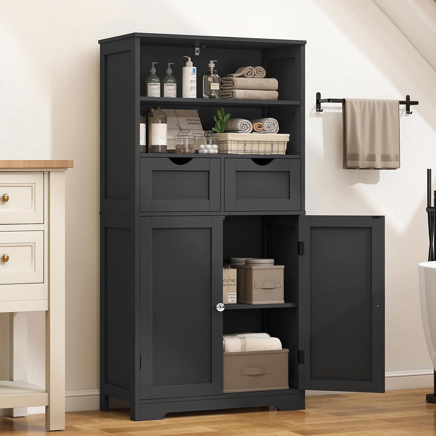 Iwell Storage Cabinet with 2 Drawers & Adjustable Shelves, Cupboard, Floor Cabinet for Living Room, Home Office, Rustic Brown