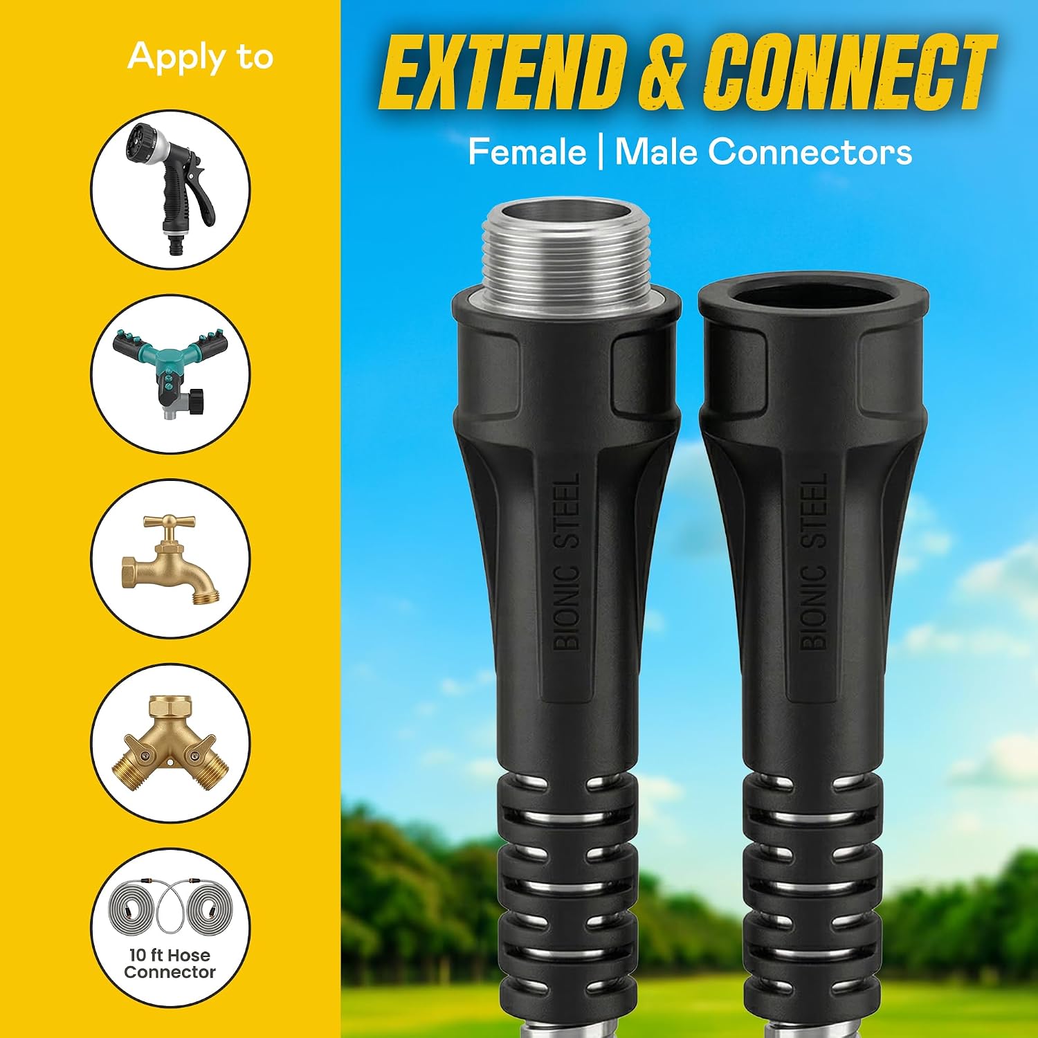 BIONIC STEEL 50 Ft Metal Garden Hose with Sprayer Nozzle | Non Kinking Design, Stainless Steel Heavy Duty Water Hose 50Ft x 5/8 in. Flexible & NON Expandable for Water Flow, 500 PSI