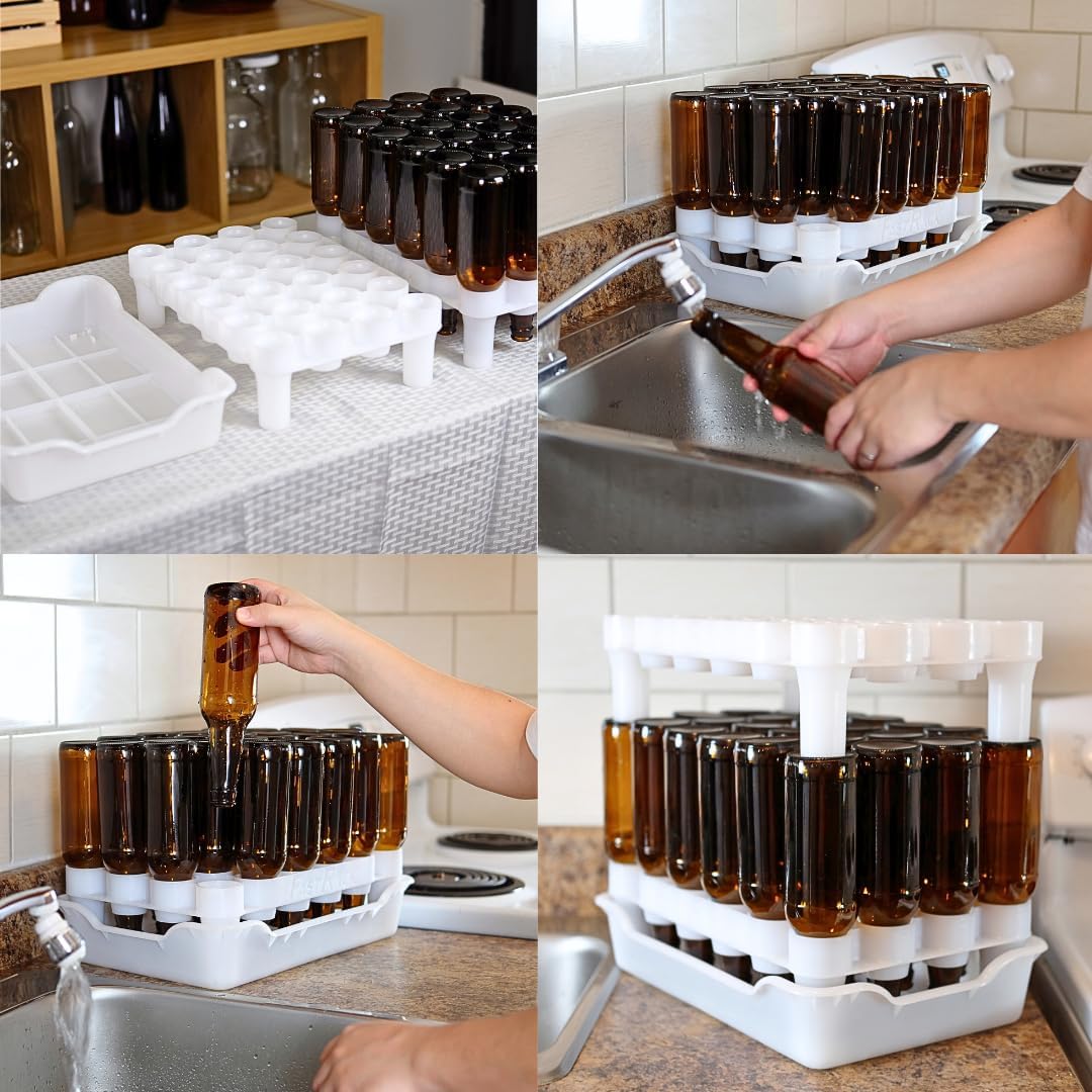 FASTFERMENT - 24-Bottle Drying Rack & Tray| Bottle Drying Tree Alternative | Dry & Store Your Wine or Bomber/Belgian Bottles | 2-Stackable Racks