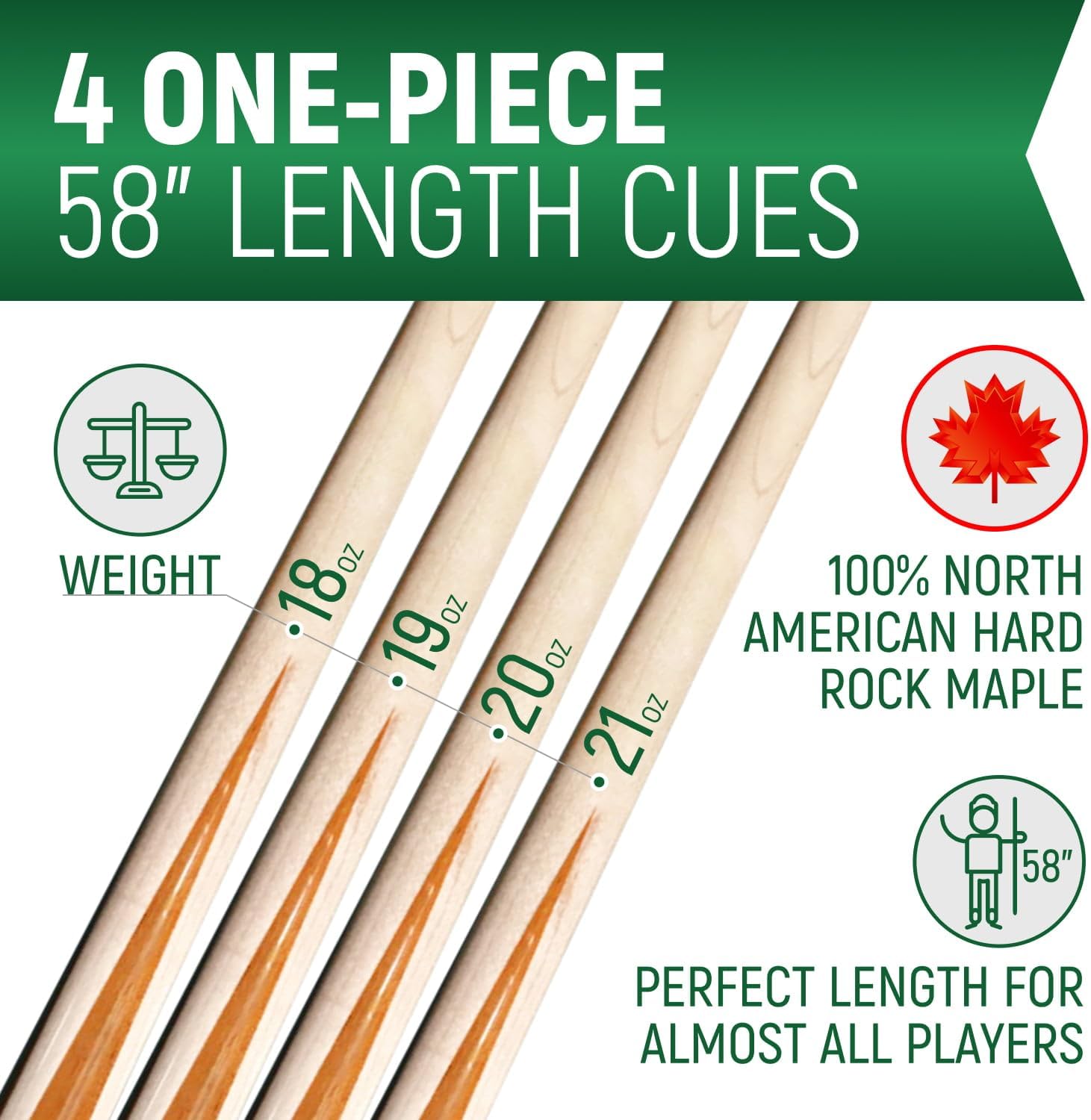 Players Set of One Piece House Pool Cue Sticks - Professional Quality for Commercial Or Residential Use (4 Cues)