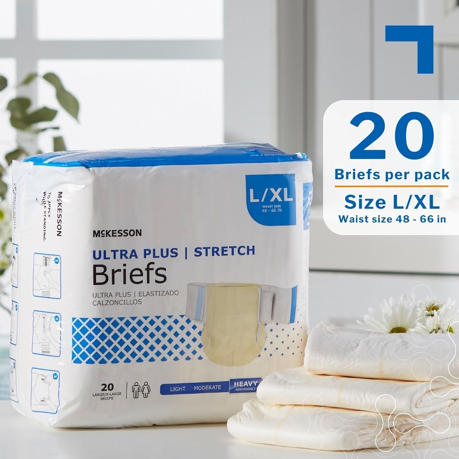 McKesson Ultra Plus Stretch Briefs, L/XL, Heavy Absorbency, 66 in, 80 ct | Unisex, Disposable, Elastic Leg Gathers and Contoured Fit for Men and Women, Incontinence