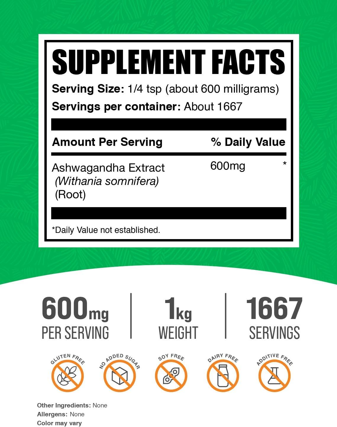 BulkSupplements.com Ashwagandha Root Extract Powder - Ashwagandha Supplement, Herbal Supplement - Vegan & Gluten Free, 600mg per Serving, 1kg (2.2 lbs) (Pack of 1)