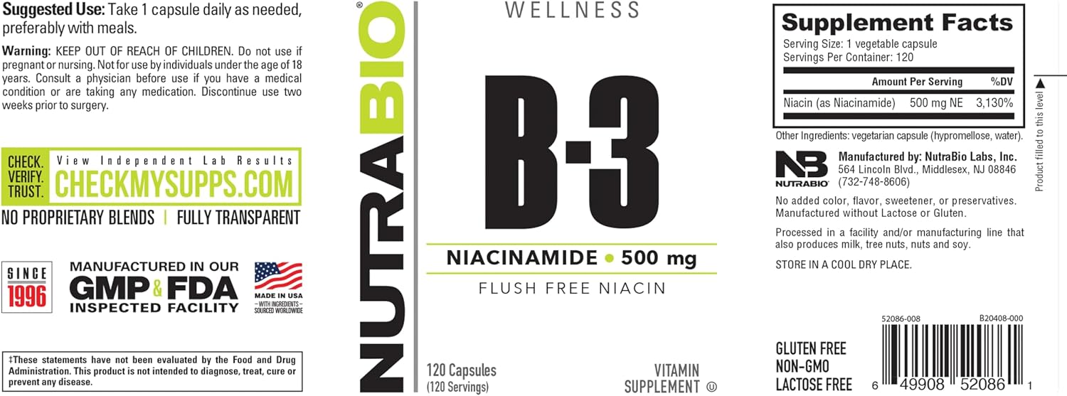 NutraBio Niacinamide Supplement for Normalized Blood Lipids, Better LDL & HDL Levels, Flush Free Vitamin B3, 500mg - 120 Vegetable Capsules
