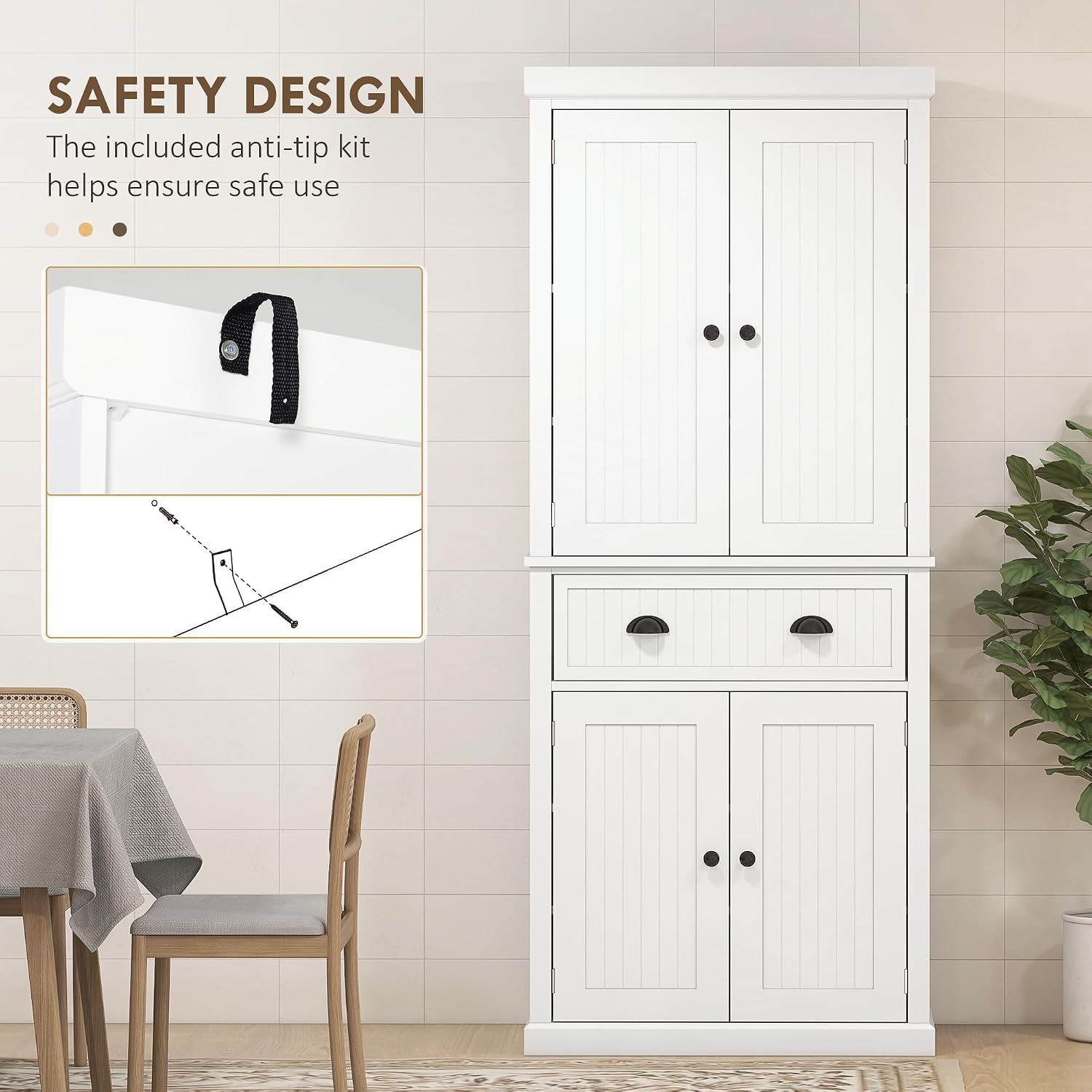 HOMCOM 72" Kitchen Pantry Cabinet Freestanding Tall Storage Cabinet White | Traditional Kitchen Pantry, 4 Doors, Drawer, 3 Adjustable Shelves, for Dining Room