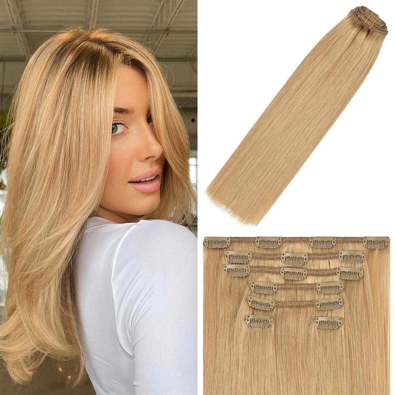 WindTouch Clip In Hair Extensions Human Hair Mixed Bleach Blonde 18Inch 75g Hair Extensions for Women Remy Blonde Extensions Clip in #18p613 7PCS