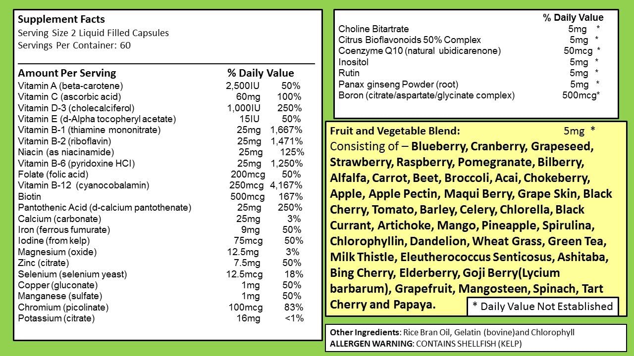 120 Multivitamin Fruit and Vegetable Liquid Capsules, Loaded Multivitamins, Supplements, Multiple Vitamin has Many Antioxidants