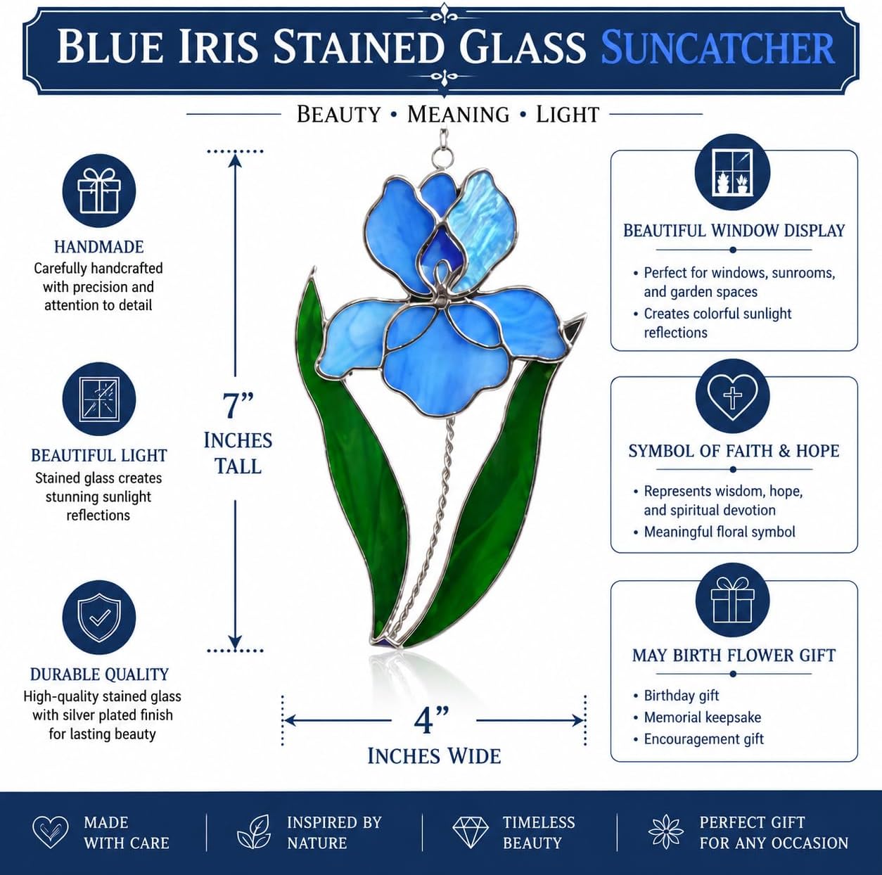 Blue Iris Stained Glass Suncatcher 7x4 Inch – Real Stained Glass Silver Plated Hanging Flower Ornament – Christian Symbol of Faith Wisdom Hope