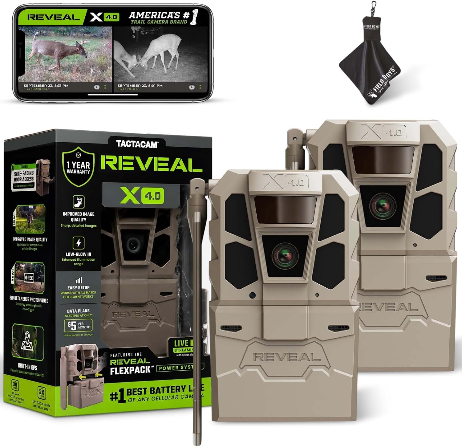 TACTACAM Reveal X 4.0 Cellular Trail Camera (2-Pack) + Microfiber Cloth | 4K Photo & 1080p Video, Industry-Best Battery Life, Built-In GPS, Live View