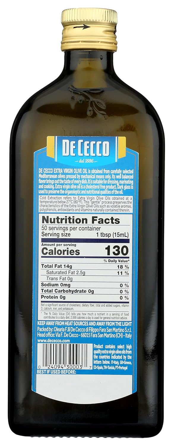 De Cecco Extra Virgin Olive Oil, Classico, Cold Extraction, Great for Cooking & Smooth Taste, 16.9 Fl Oz