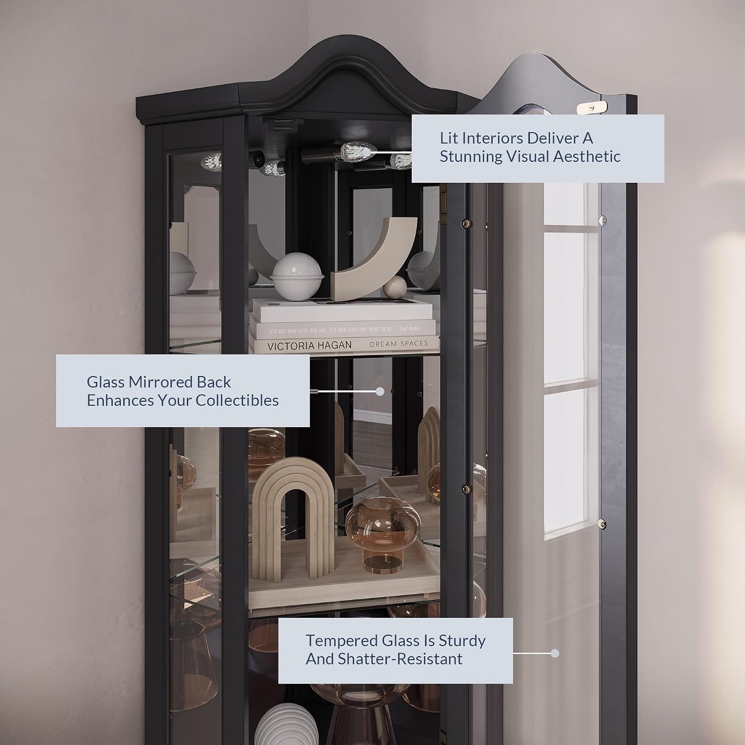 BELLEZE Lighted Corner Display Curved Top Curio Cabinet Wooden Shelving Unit with Tempered Glass Door