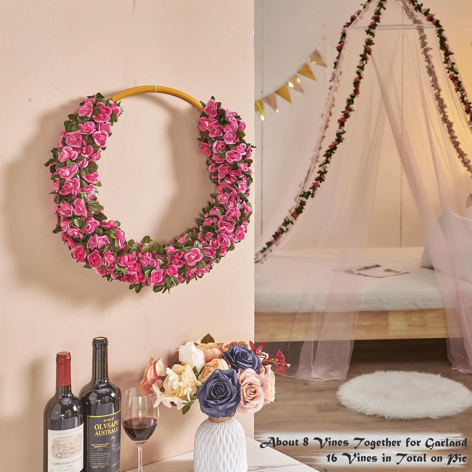 8Pcs x 8.2FT Artificial Flower Garland Floral Rose Vine Decor, Pink Flower