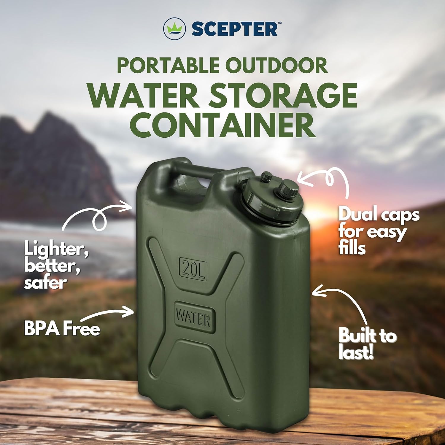 Scepter Portable Military Style Water Container for Camping & Outdoors, 5 Gallon