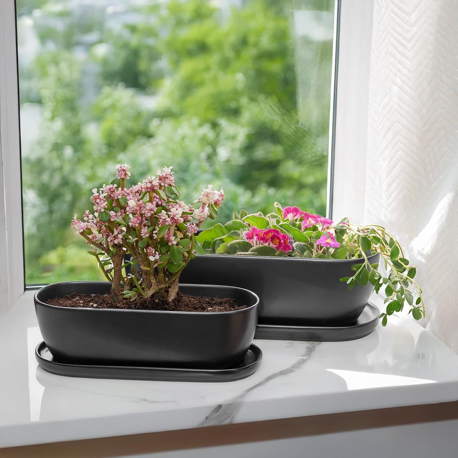 E-liu 11 Inch Oval Ceramic Planter Pot with Drainage Hole Saucers