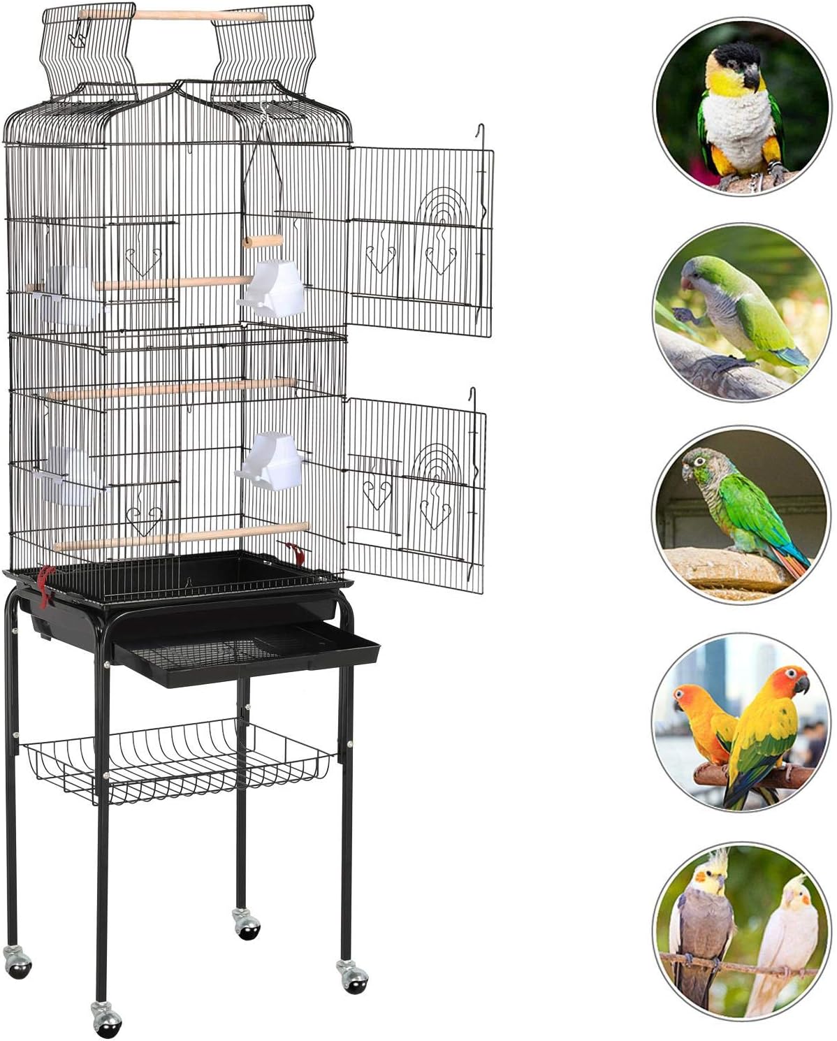 Yaheetech 64'' Open Top Bird Cage for Parakeets & Cockatiels, Black | Detachable Rolling Stand, Easy-clean Slide Tray, Multi-door Access, 3/8" Bar Spacing, Indoor/Outdoor Use