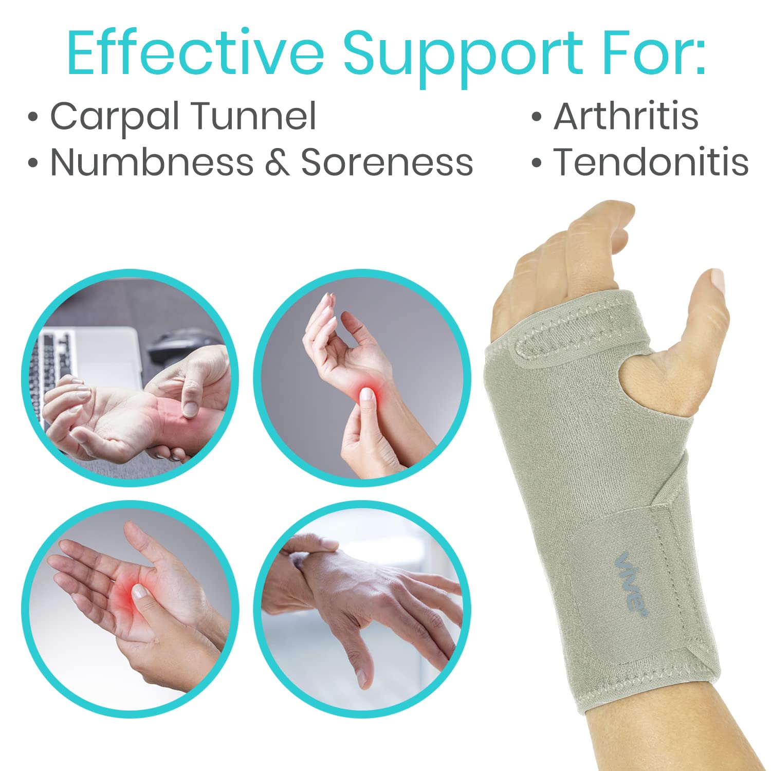 Vive Wrist Brace - Carpal Tunnel Hand Compression Support Wrap for Men | Women, Tendinitis, Bowling, Sports Injuries Pain Relief - Removable Splint - Universal Ergonomic Fit (Black, Right)