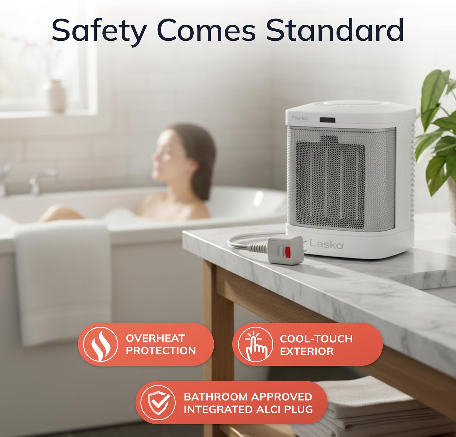 Lasko Electric Ceramic Space Heater for Bathroom - 8” - CD08200 - White | ALCI Safety Plug, Portable, 2 Heat Settings, Simple Heat Button, Overheat Protection, Cool Touch Housing, 1500W