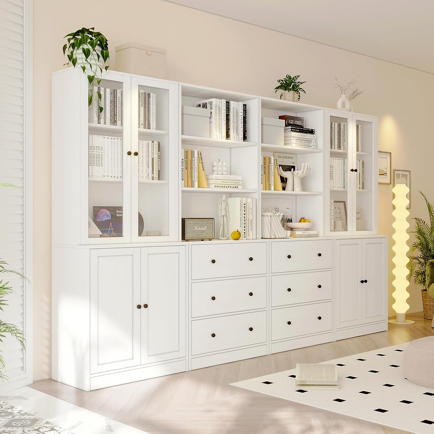 TUSY 71" H Bookcase with Storage | 6-Tier Modern Bookshelf with Drawers, Display Bookcase with Glass Doors, White Curio Cabinet for Home Office, Living Room