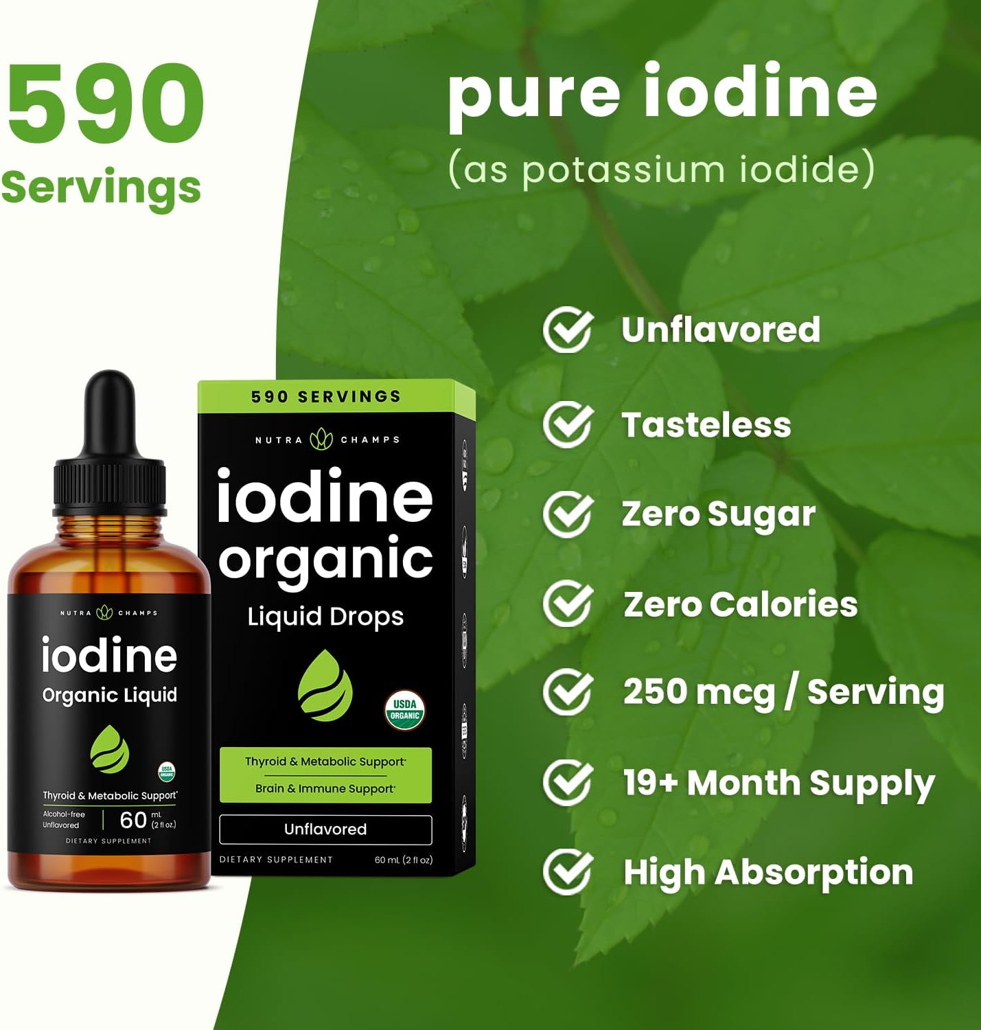 Organic Iodine Liquid Drops - 250 mcg Iodine Supplement for Women & Men - Potassium Iodide Solution 250 mcg - 590 Servings - Thyroid