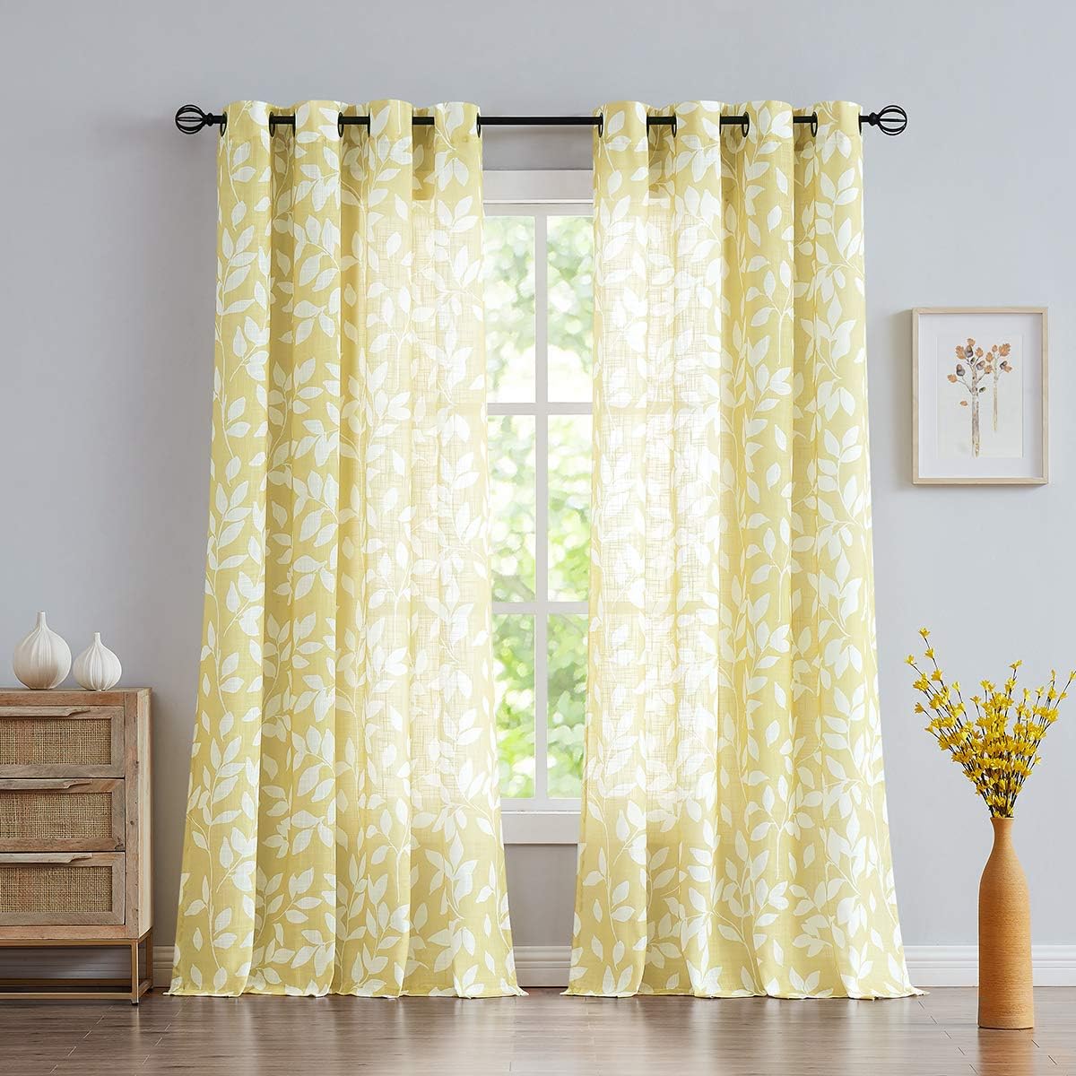 Leaf Semi Sheer Curtains for Bedroom Living Room 52x72" Taupe White Print 2