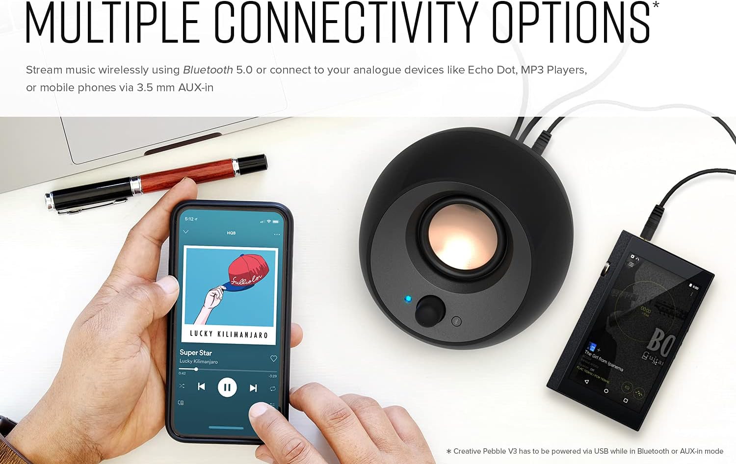 Creative Pebble V3, 2.0 USB-C Desktop Speakers, Bluetooth 5.0, Black