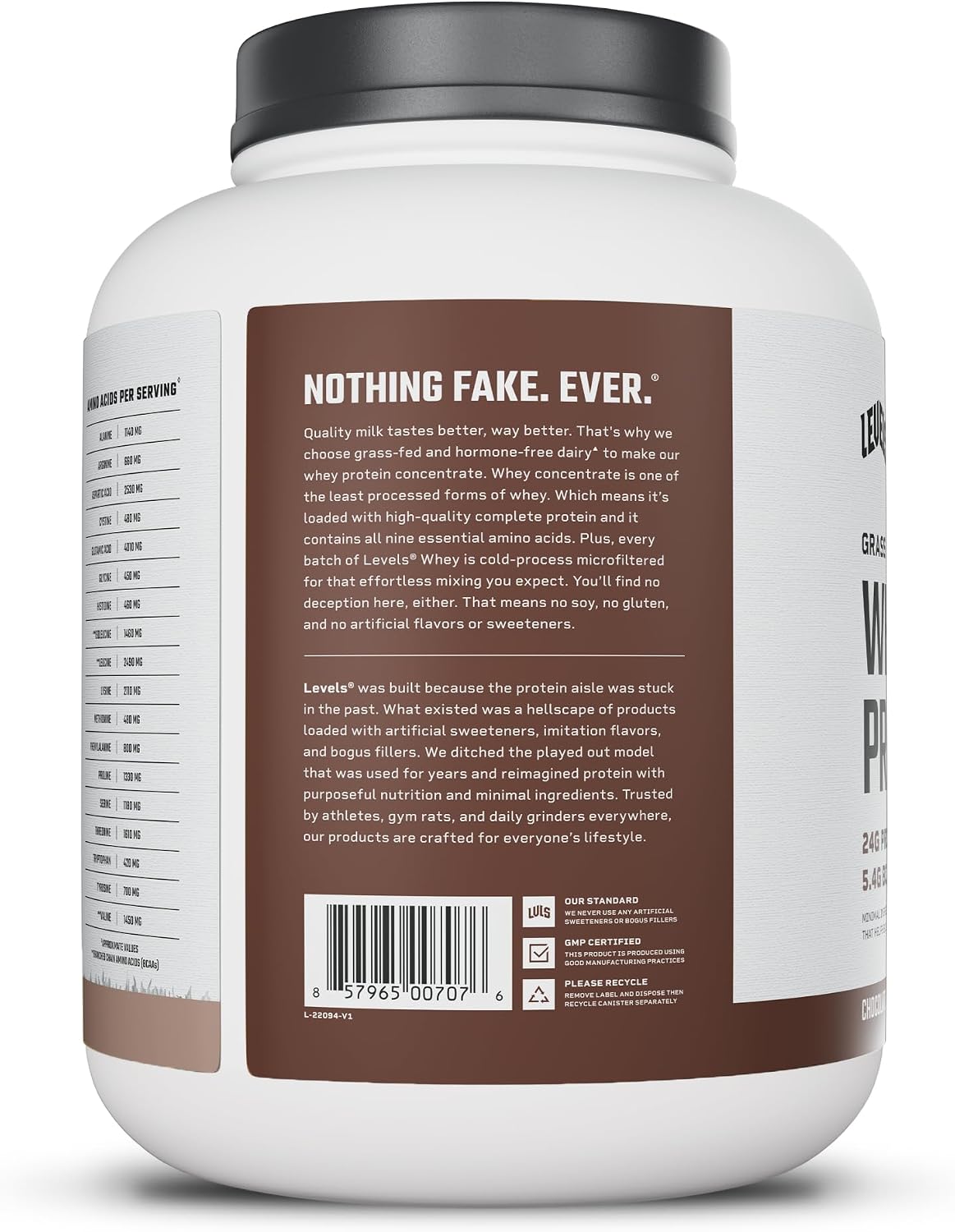 Levels Whey Protein Powder, No Artificial Ingredients, Pure Chocolate, 5LB | 24G of Protein, 5.4G BCAAs, Clean Ingredients, Hormone Free Dairy, No Fillers, No Added Sugar, No Junk