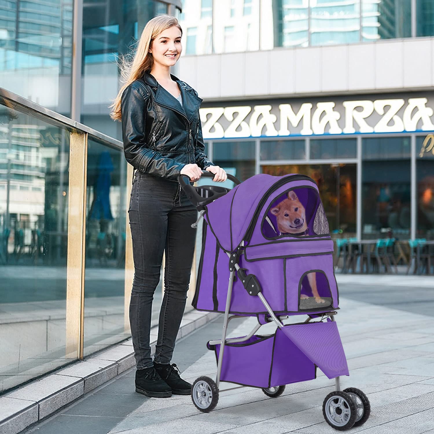 BestPet | 4-Wheel Foldable Pet Stroller | Black | Lightweight & Portable | Travel Carrier with Mesh Windows, Storage Basket, Cup Holder, Safety Brakes, and Waterproof Fabric | For Small Dogs and Cats