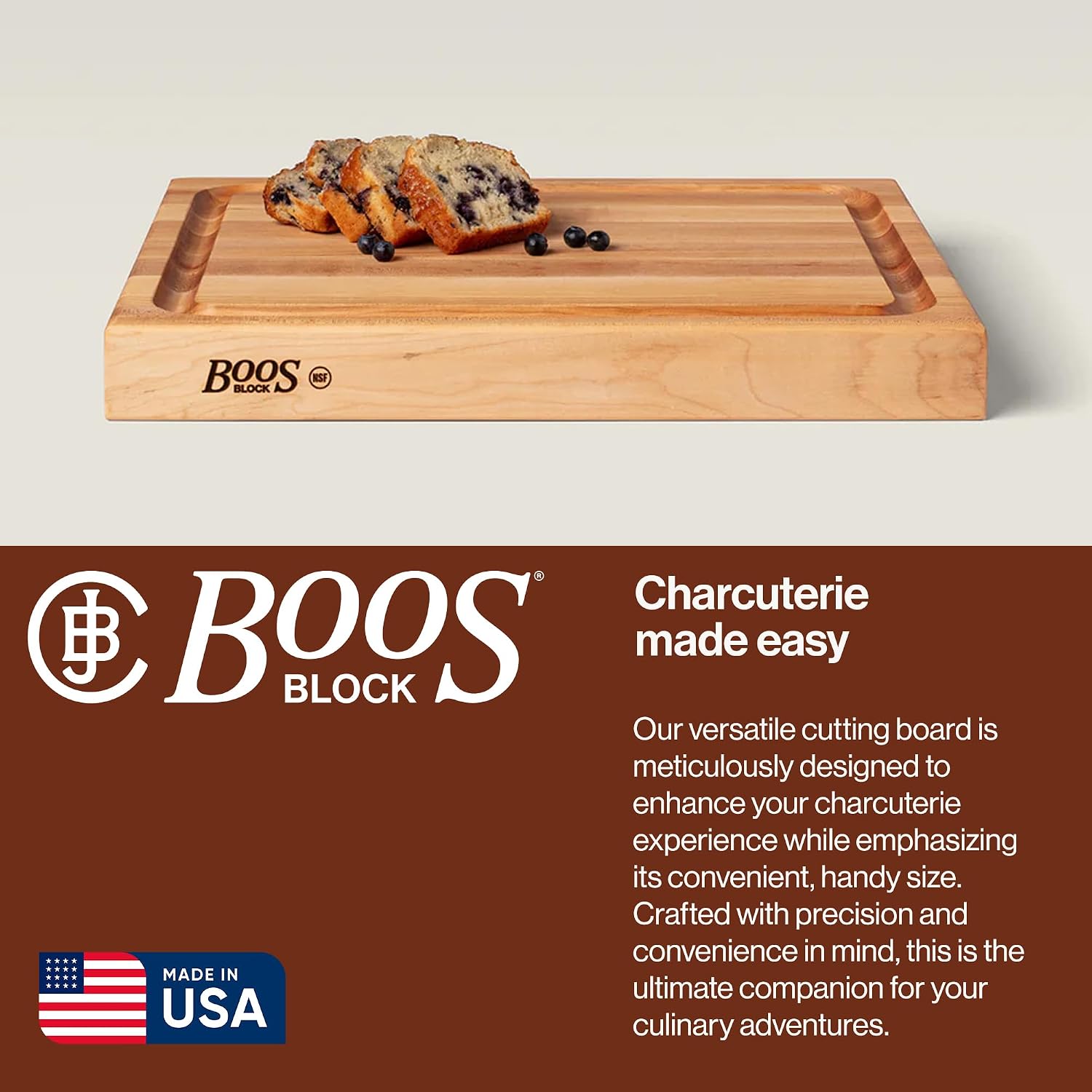 John Boos RA-Board Series Rectangular Wooden Maple Deluxe Barbecue Cutting Board 20”x15” – 2.25” Thick