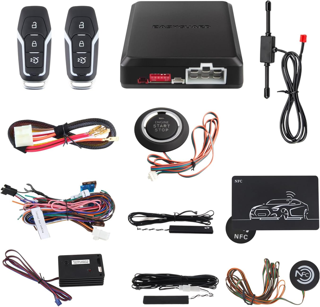 EC002-FO2-NS smart Key Passive keyless Entry Kits with Push Start Button Remote Start PKE Lock and Unlock DC12V